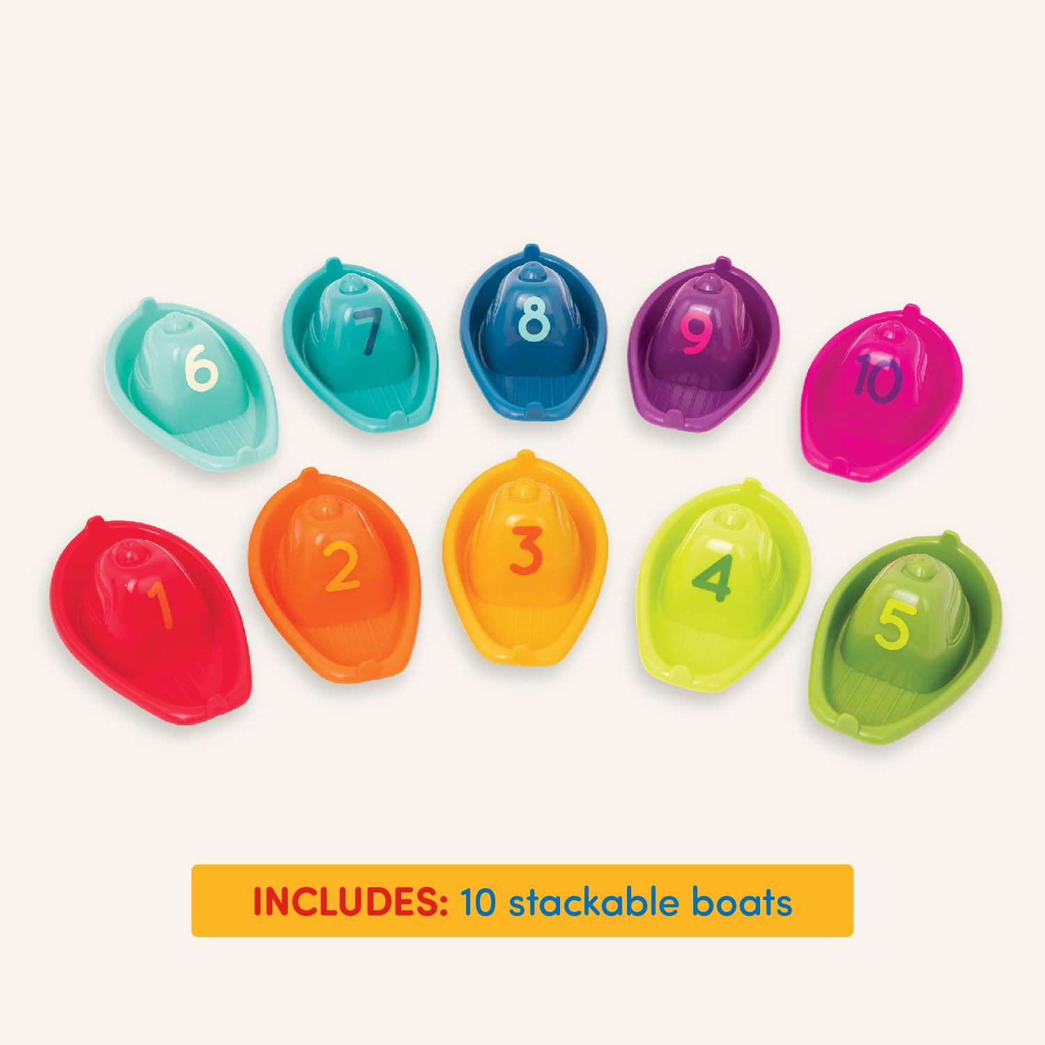 Battat 10-Piece Stackable Bath Boats Set - Numbered Floating Toy Boats for Bathtime, Pool & Beach - Educational Bath Toys for Babies 6+ Months - Perfect for Sensory Play & Early Learning