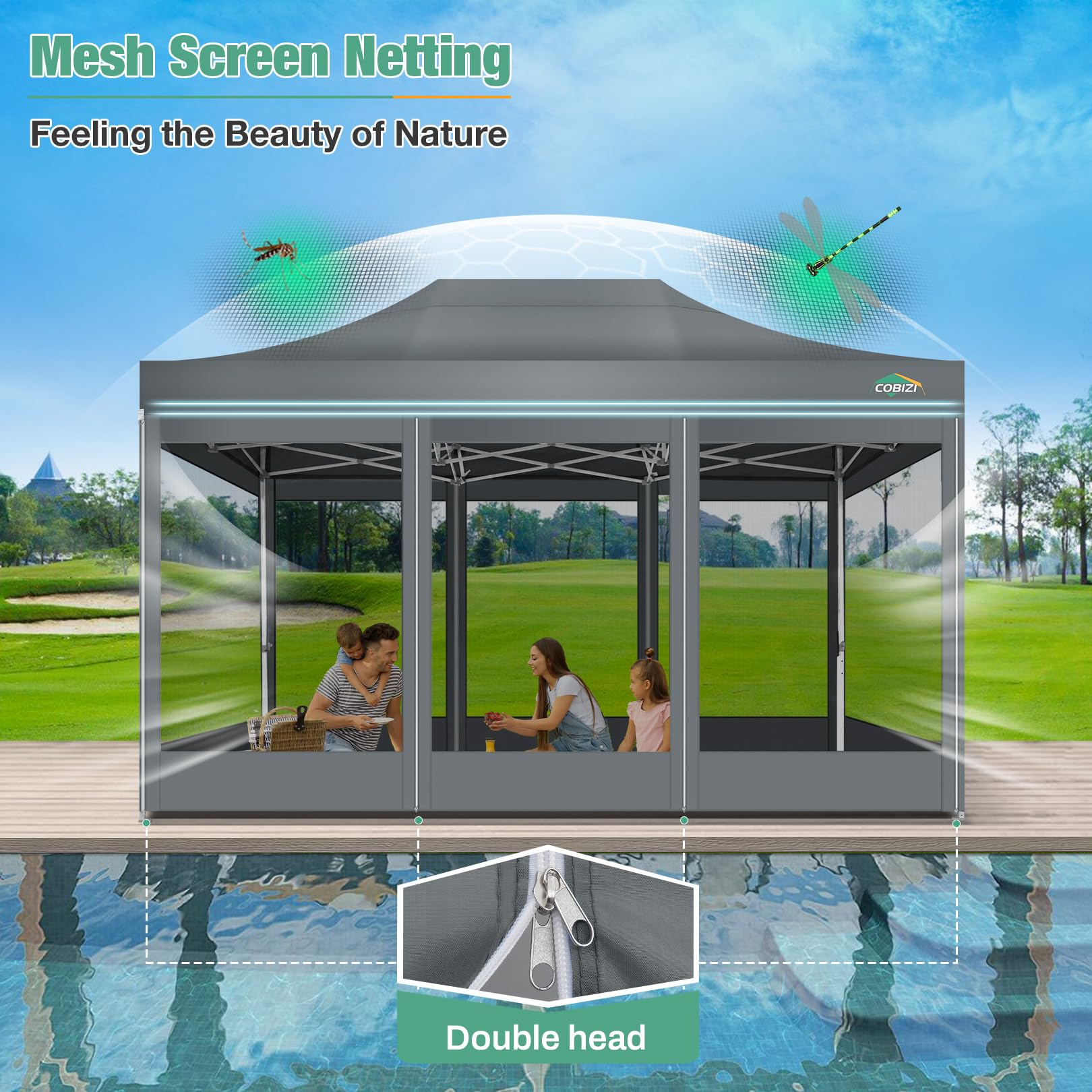 COBIZI 10x15 Heavy Duty Pop Up Canopy Tent with Waterproof Sidewalls & Mosquito Net - Easy Setup Instant Shelter for Outdoor Parties, Weddings, Backyard Events - Includes Carry Bag (Gray) | Perfect for Picnics, Camping, Farmers Markets & Tailgating
