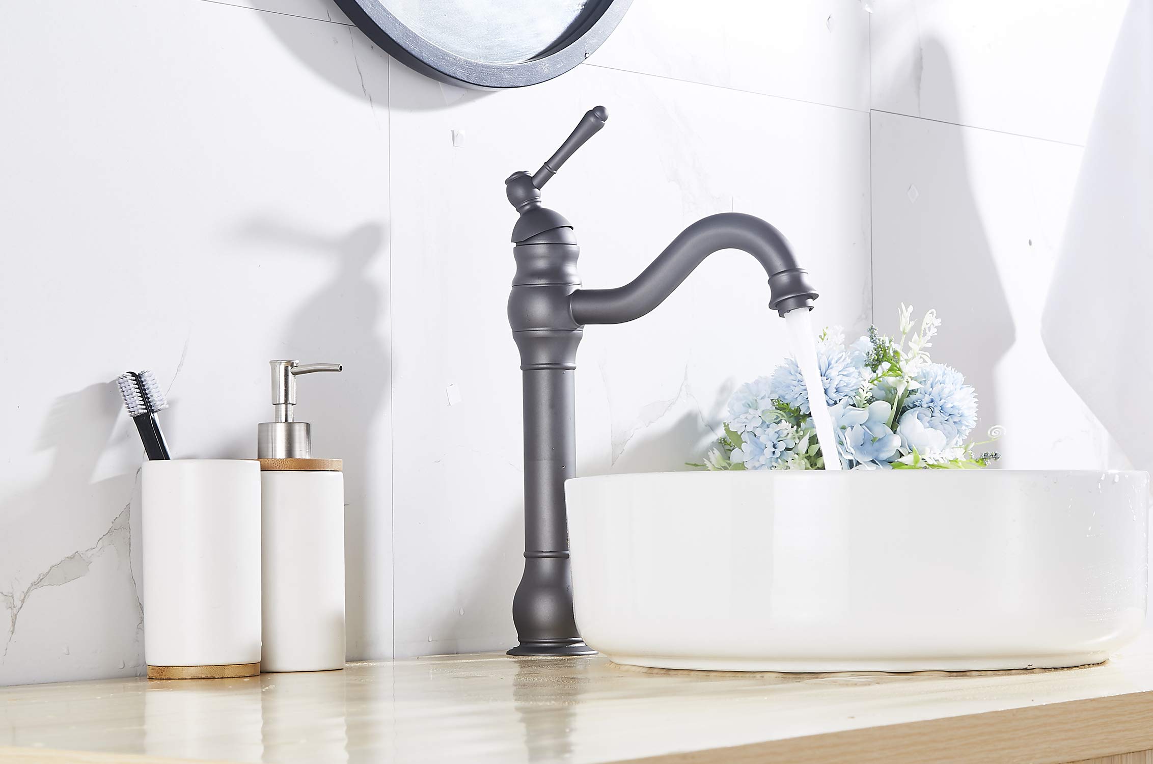 GGStudy 360° Swivel Single-Handle Bathroom Faucet - One Hole Vessel Sink Faucet with Pop Up Drain, Grey Farmhouse Vanity Faucet for Bathroom Sink, Perfect for Modern Farmhouse & Rustic Bathroom Decor