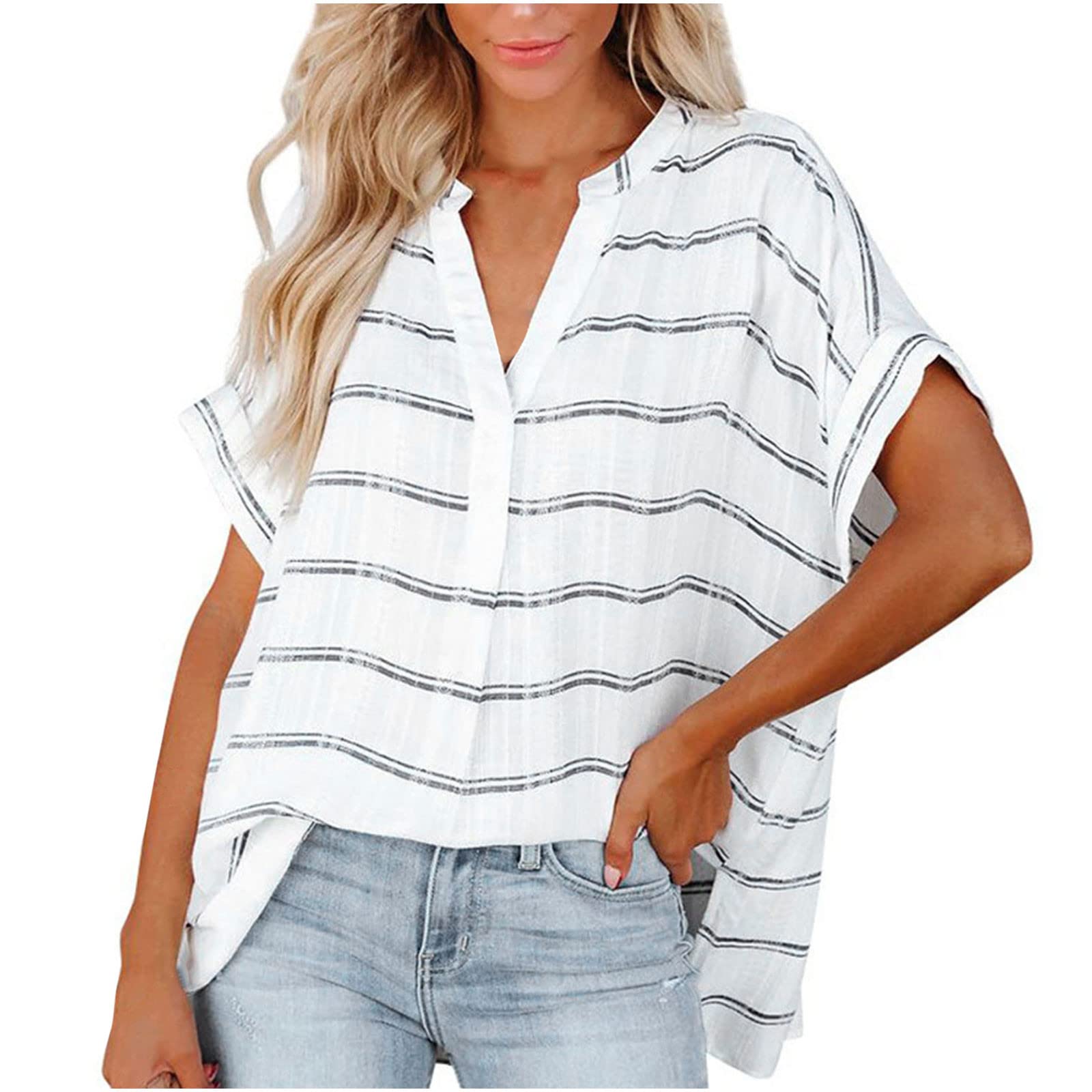 Women's Summer Short Sleeve V-Neck Striped Tunic Tops - Casual & Dressy Loose Fit Blouses for Work, Weekend & Vacation Outfits
