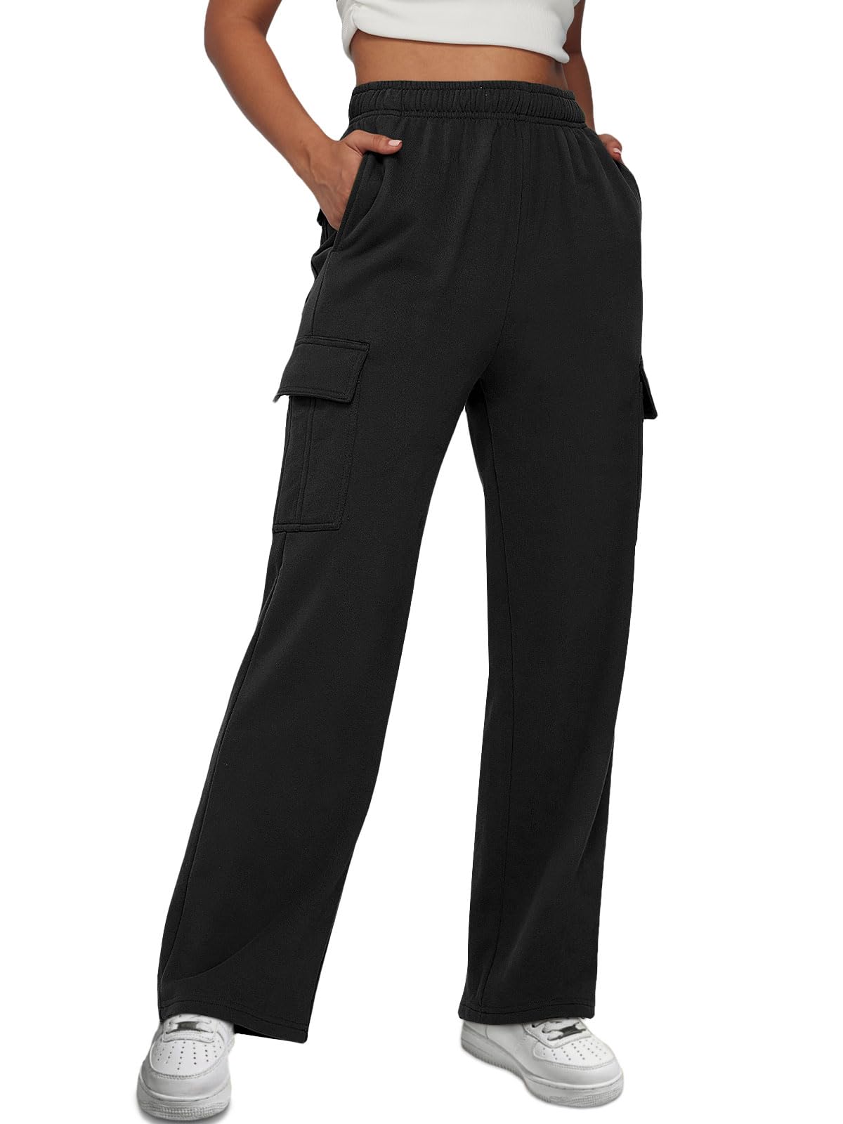 AUTOMET Women's Fleece Cargo Sweatpants - High Waisted Baggy Joggers with Pockets, Athletic Lounge Pants for Workout, Yoga, Running & Casual Wear