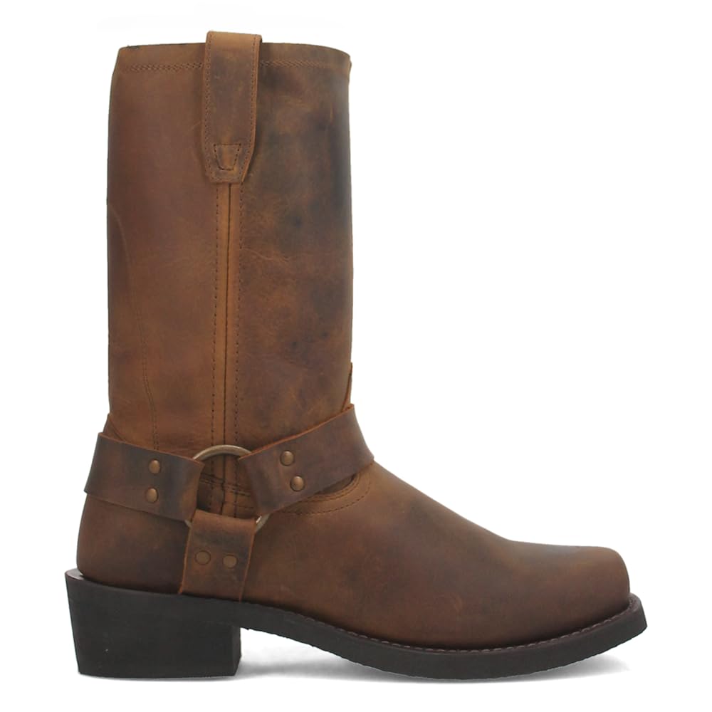 Dingo Men's Dean Harness Square Toe Pull-On Motorcycle Boots - Mid Calf Casual Work Boots for Riding & Everyday Wear - Brown Leather Boots for Bikers & Cowboy Style