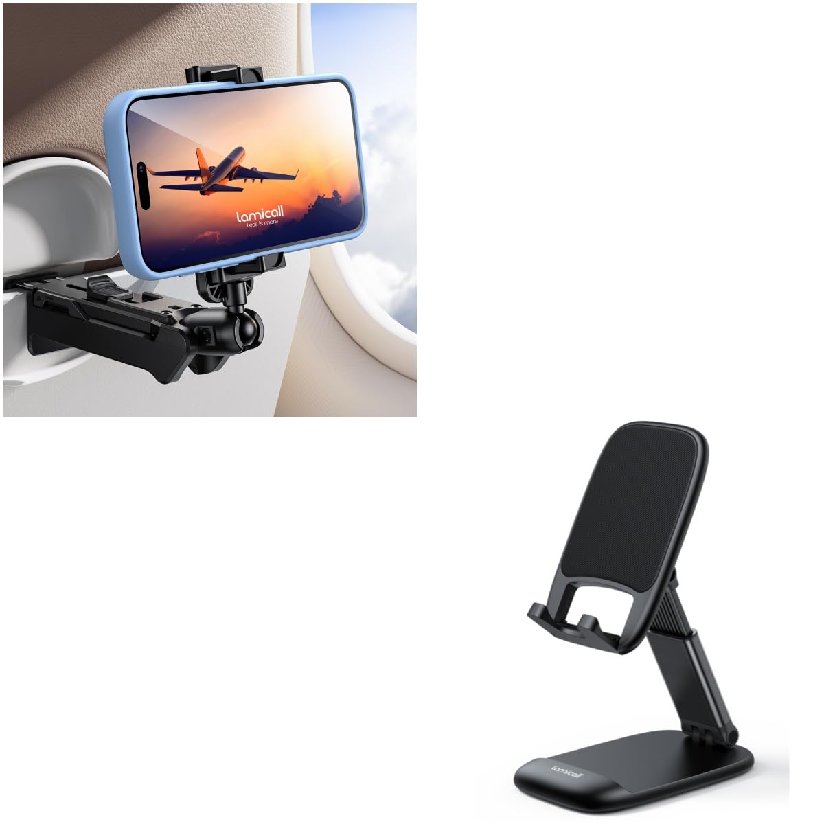 Lamicall 2024 Wide Clamp Airplane Phone Holder & Foldable Phone Stand for Desk - Perfect for Travel, Office & Home Use