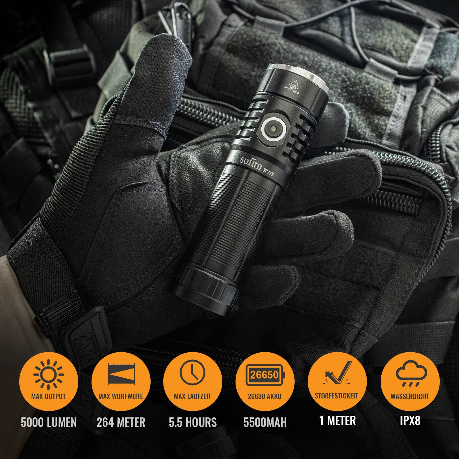 Sofirn SP33S Powerful 5000 Lumens Rechargeable LED Flashlight with USB-C Charging, 6 Brightness Modes & Power Bank Function, Includes 26650 Battery - Perfect for Fishing, Hiking, Camping, and Outdoor Exploration