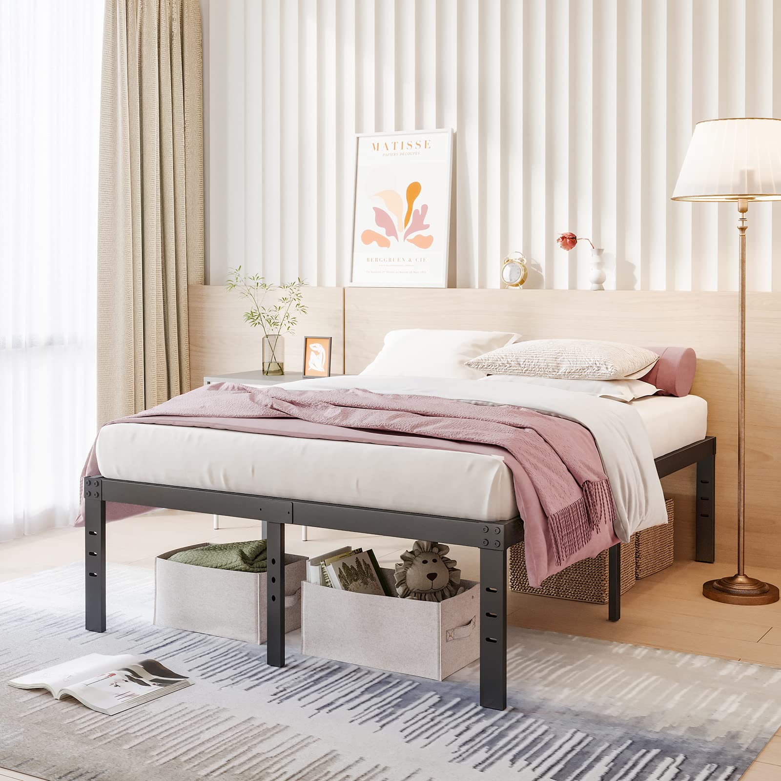 COMASACH 16 Inch Heavy Duty Queen Size Bed Frame - 3500 lbs Capacity, Sturdy Metal Slats Platform (No Box Spring Needed), Easy Assembly, Noise-Free & Non-Slip Design with Under Bed Storage - Perfect for Small Spaces, Guest Rooms & Modern Bedrooms
