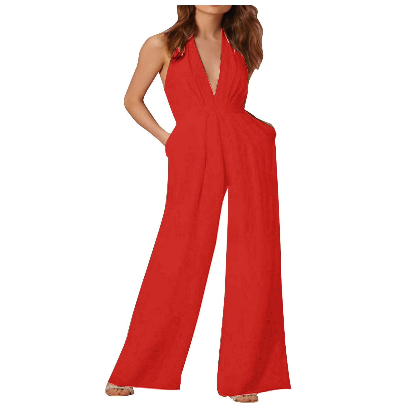 Women's Sexy Summer Deep V-Neck Sleeveless Backless Wide Leg Jumpsuit with Pockets - Stylish One-Piece Outfit for Beach, Party & Night Out