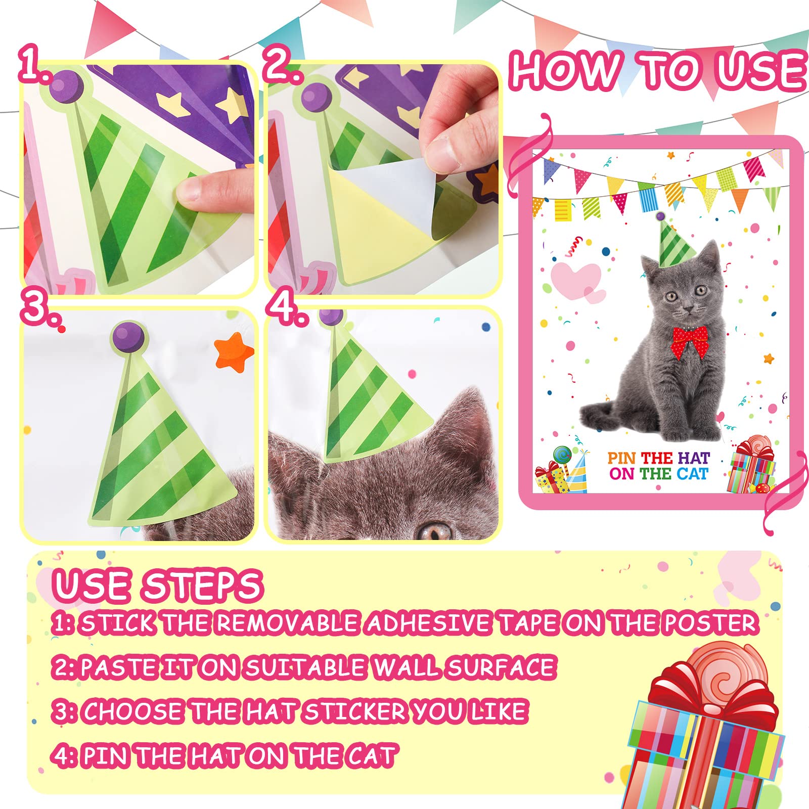 38-Piece Pin The Hat on The Cat Party Game Set - Fun Cat-Themed Birthday Party Supplies for Kids with Blindfolds & Stickers - Perfect for Birthday Parties, Family Game Nights & Classroom Activities
