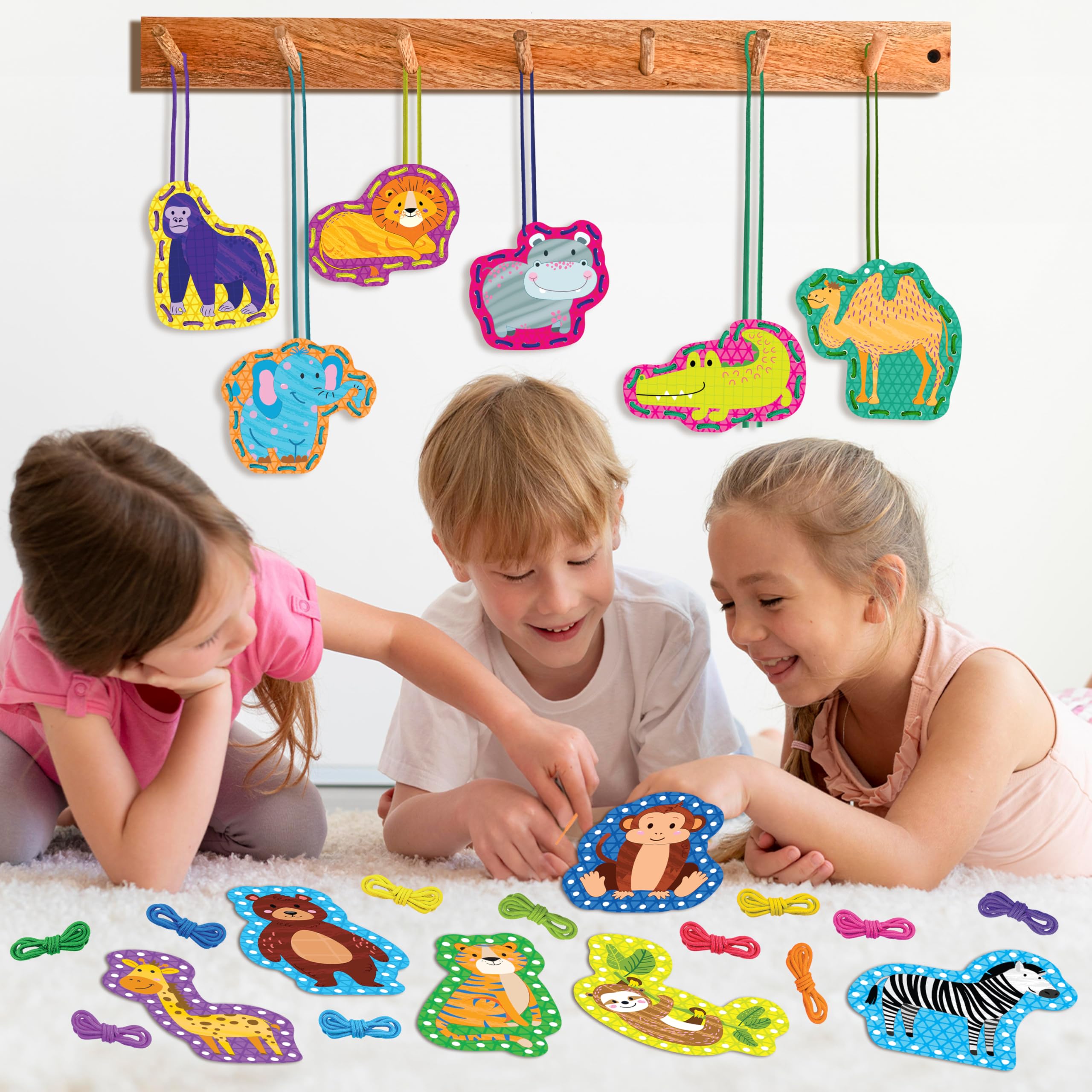 Bambibo Lacing Cards for Toddlers - 12 Double Sided Animal Sewing Cards with Names & Features | DIY Threading Activity for Kids Ages 3-8 | Fine Motor Skills Toys for Preschool Learning & Travel Entertainment