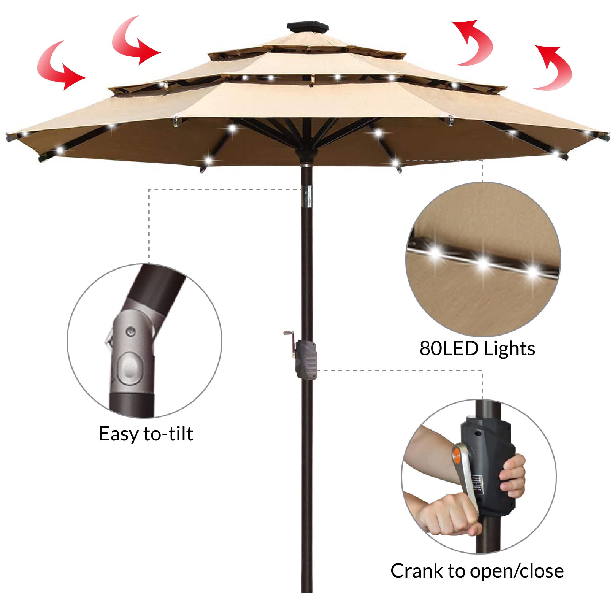 EliteShade USA 10-Year Fade-Resistant 9ft 3-Tier Solar Patio Umbrella with 80 LED Lights - Outdoor Market Umbrella with Ventilation, Heather Beige - Perfect for Backyard, Poolside, and Restaurant Outdoor Dining