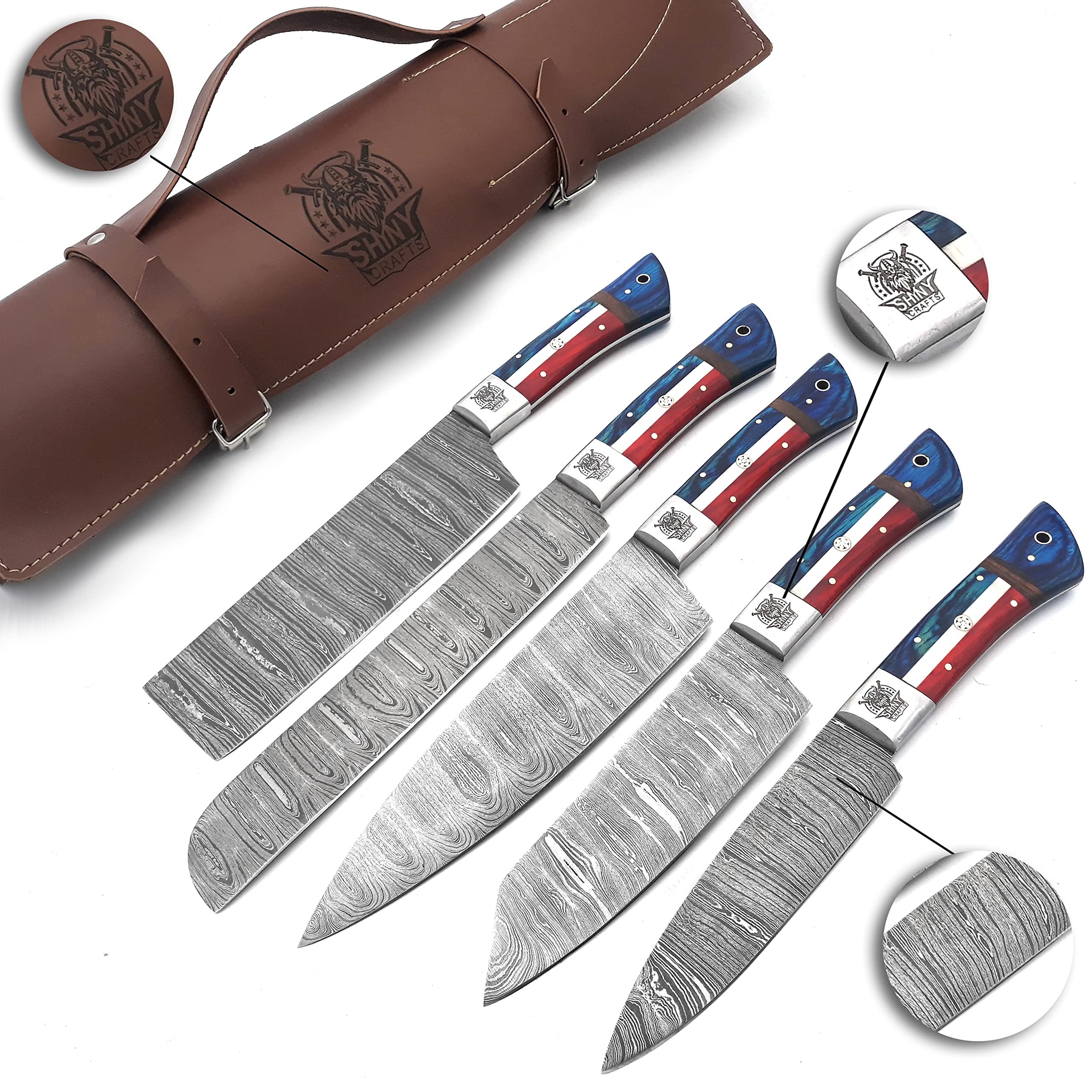 Premium Damascus Steel Chef Knife Set - Handcrafted Wood Handle Kitchen Knives with Razor-Sharp Blade & Leather Pouch Roll | Perfect for Professional Chefs, Home Cooking & Culinary Gifts (CS-03)