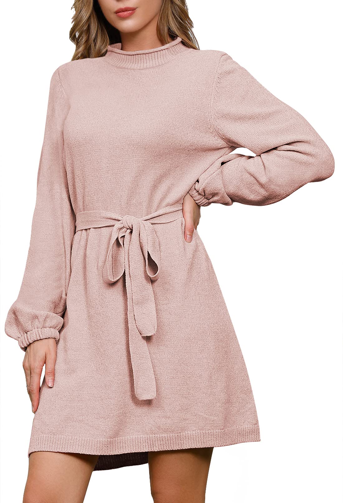 LaSuiveur Women's Lantern Sleeve Knit Sweater Dress with Waist Tie - Soft Chenille Winter Dress for Casual Outings, Date Nights & Holiday Parties