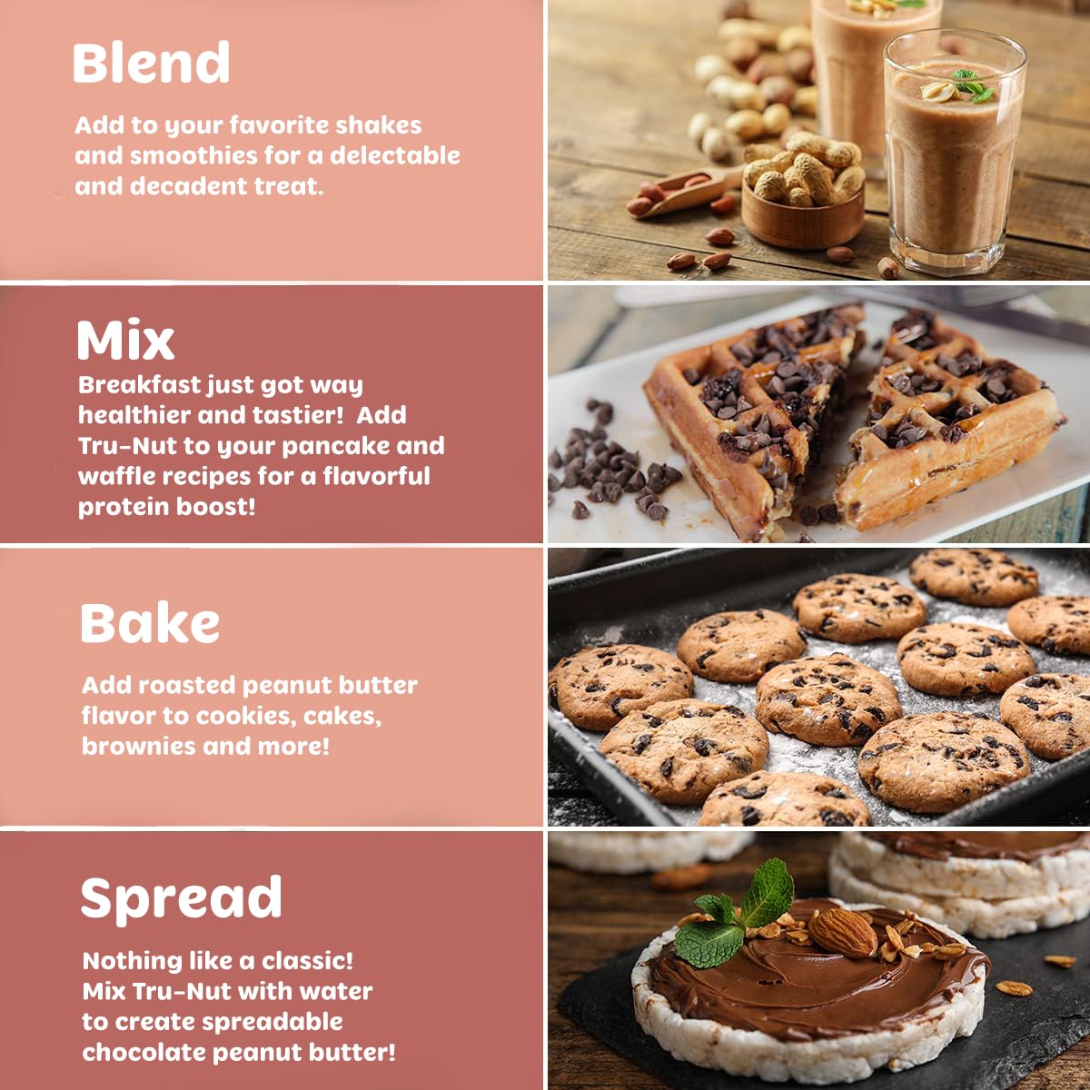 Tru-Nut Chocolate Peanut Butter Powder - 16oz, 6g Protein, 90% Less Fat | Low Carb, Gluten Free | Perfect for Smoothies, Protein Shakes, Baking & Healthy Snacks | Great for Weight Loss & Fitness Lovers