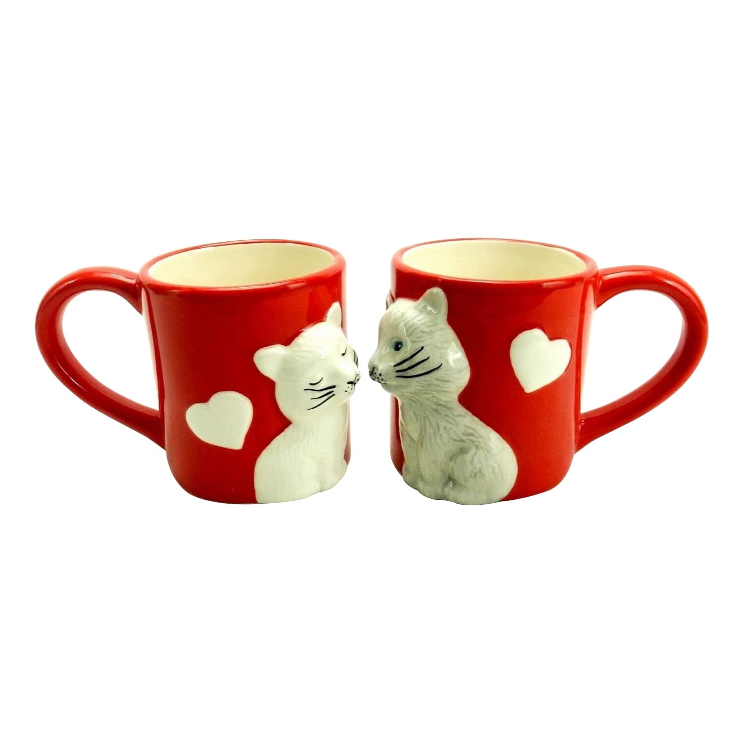 TDL Kissing Cat Coffee Mugs Set of 2 - Cute Matching Ceramic Cups with 3-Finger Loop Handles for Easy Grip, Dishwasher Safe, 3.25