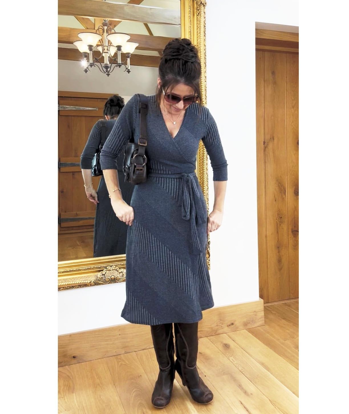 Blue Banana Women's Ribbed Knit Wrap Dress - 3/4 Sleeve Knee-Length Stretch Dress for Casual Wear, Office & Date Night | Summer & Fall Fashion