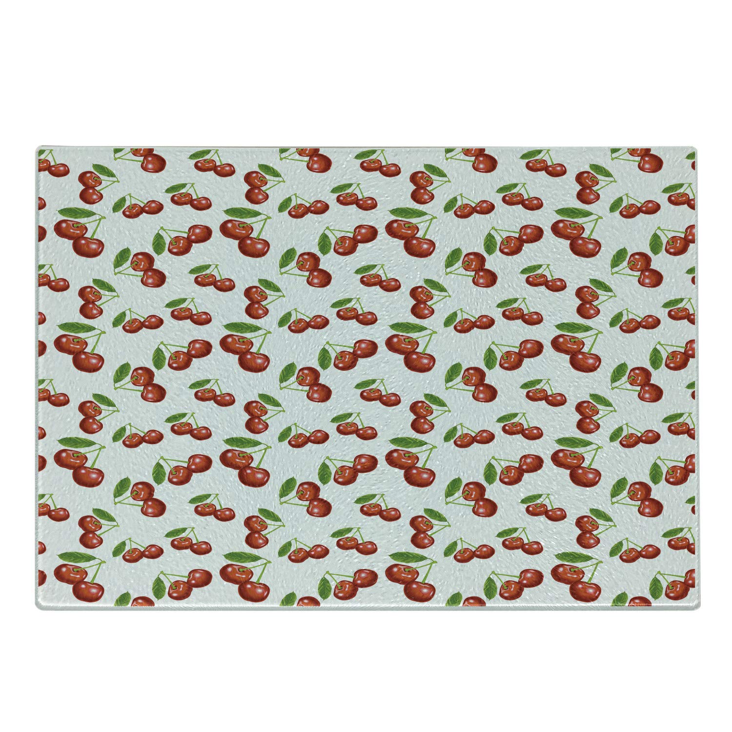 Ambesonne Cherry Pattern Tempered Glass Cutting Board - Decorative Fruit Serving Board with Fresh Berry Summer Garden Design, Small Size (Red, Green, White) - Perfect for Kitchen Prep, Charcuterie Displays & Party Serving