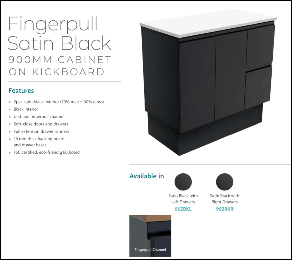 Fienza Dolce Black TCL90ZBKL 900mm Bathroom Vanity with Kickboard & Left Drawers - Modern Sink Cabinet for Small Spaces, Powder Rooms & Master Baths