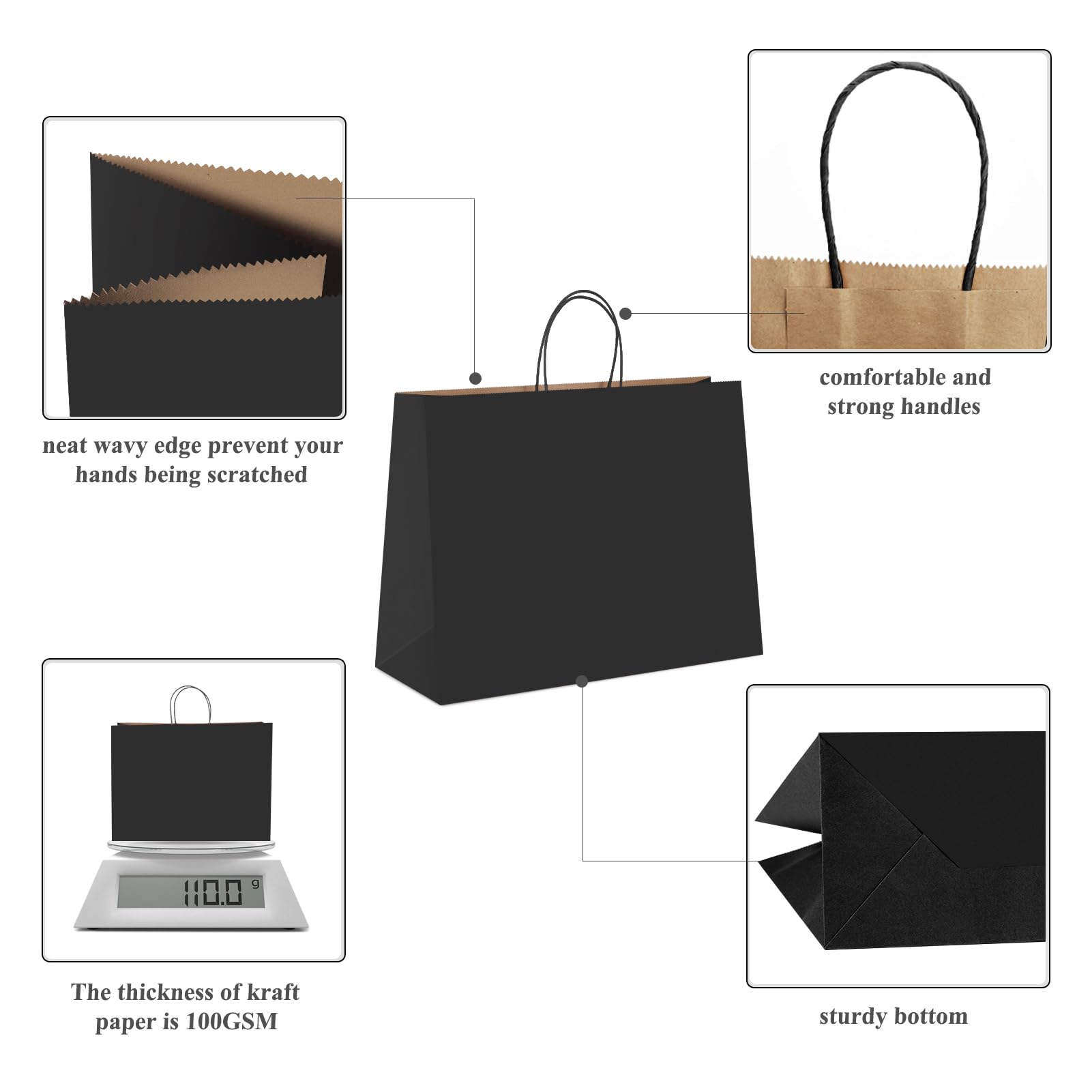 GSSUSA 16x6x12 Black Kraft Paper Bags with Handles - 100 Pack Bulk Gift & Shopping Bags for Small Business, Boutique, Grocery, Food Takeout, Merchandise | Eco-Friendly Retail Packaging for Parties, Events & Store Use