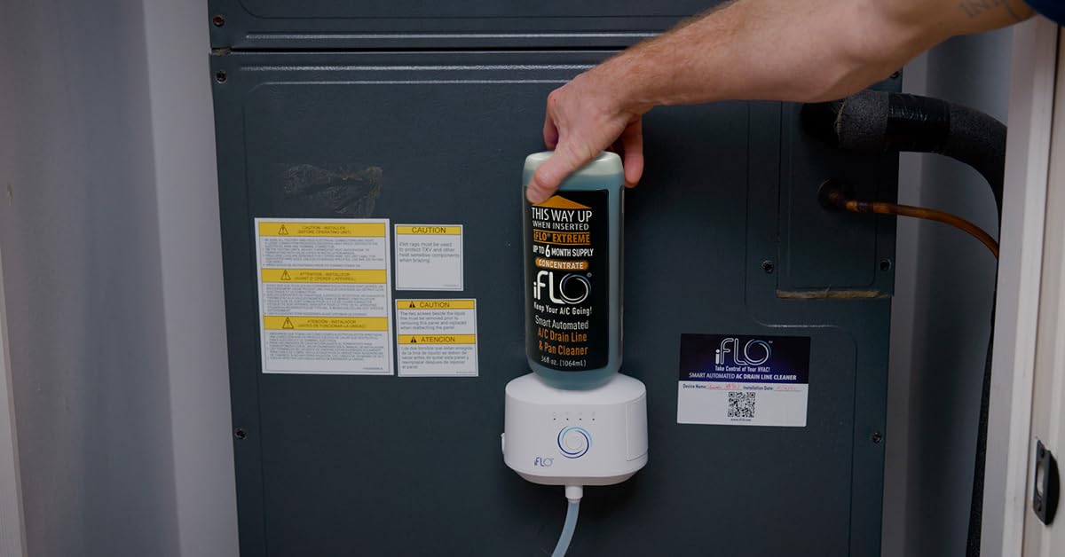iFLO® Smart Automated A/C Drain Line Cleaner for HVAC System - Prevents Clogs, Easy Installation, App-Controlled Maintenance - Includes 36oz Cleaner Cartridge (6 Month Supply) - Perfect for Home & Commercial Air Conditioner Maintenance