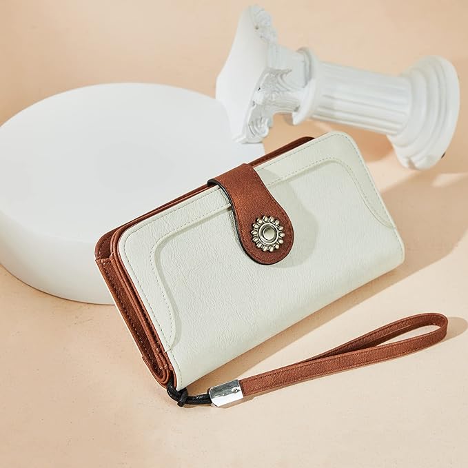 Lomy Women's Large Leather Wristlet Clutch with Sunflower Clasp - Stylish Handbag for Evening Parties, Weddings & Date Nights