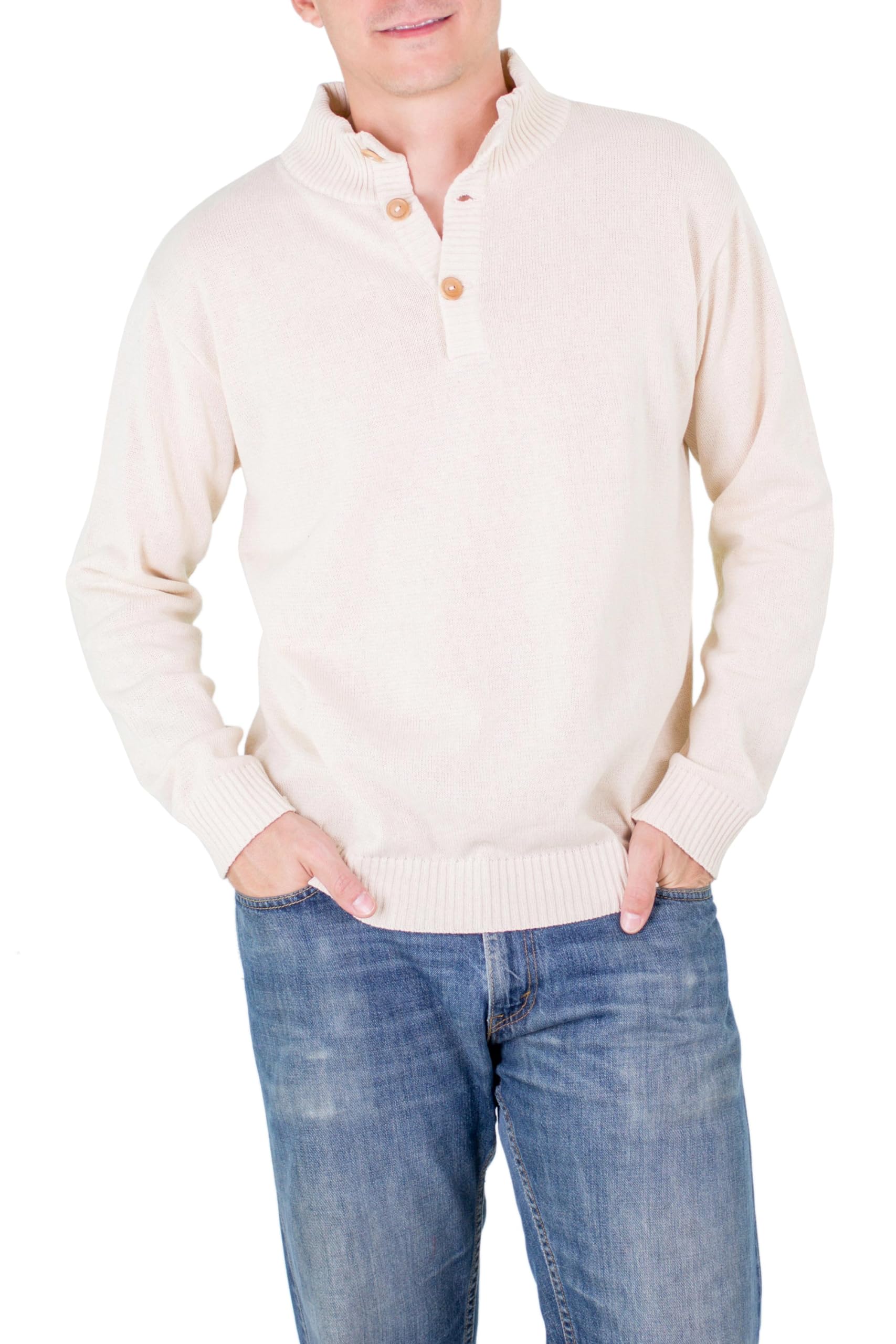 Handmade Men's Cotton Sweater - Ivory Pullover | Sustainable Natural Materials | Eco-Friendly Guatemala Artisan Clothing | Perfect for Casual Wear, Outdoor Activities & Cozy Winter Fashion