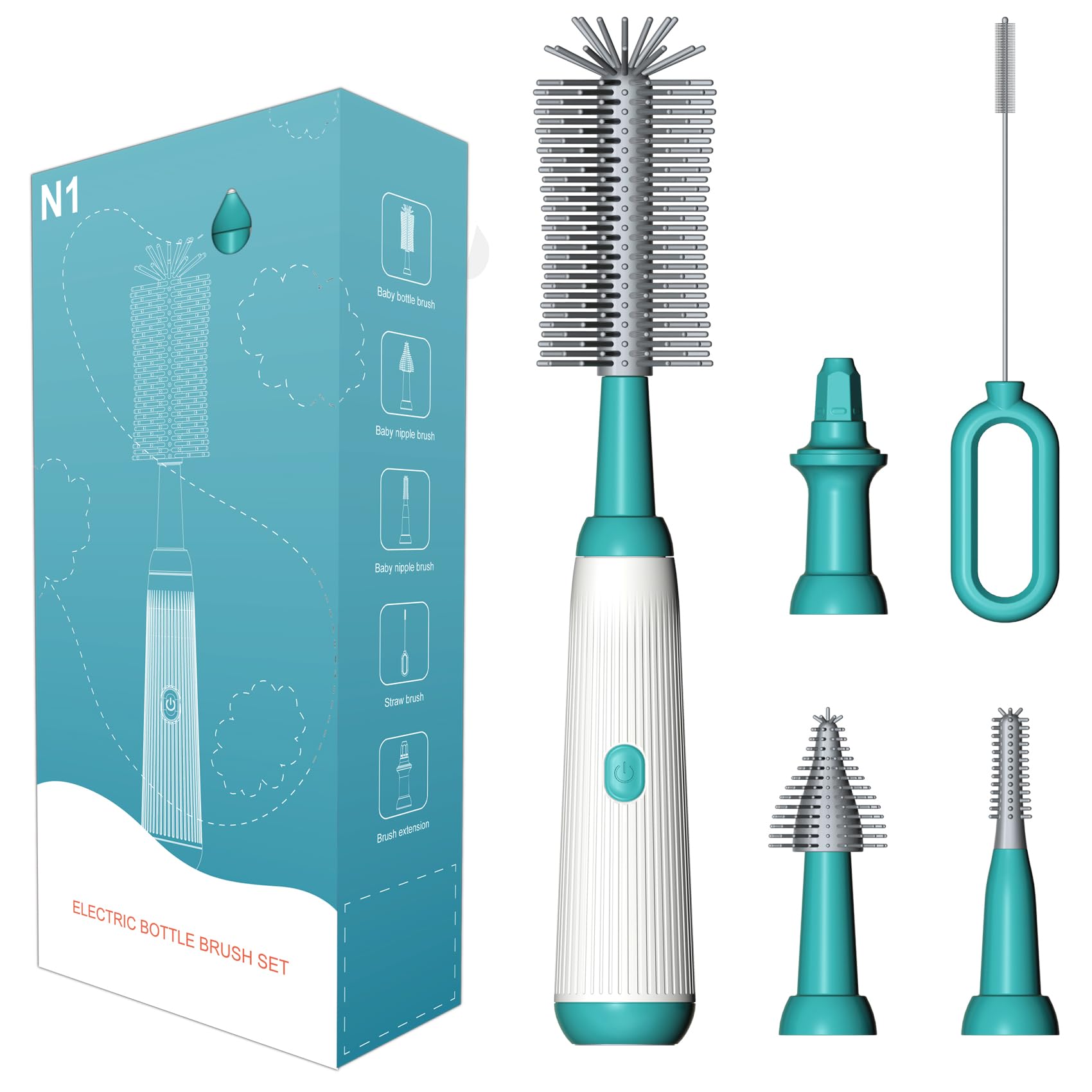 Electric Cleaning Bottle Brush Set with Baby Bottle & Straw Brush - IP65 Waterproof Kitchen & Baby Bottle Cleaner (Green) - Perfect for Baby Feeding, Travel Bottles & Reusable Straws