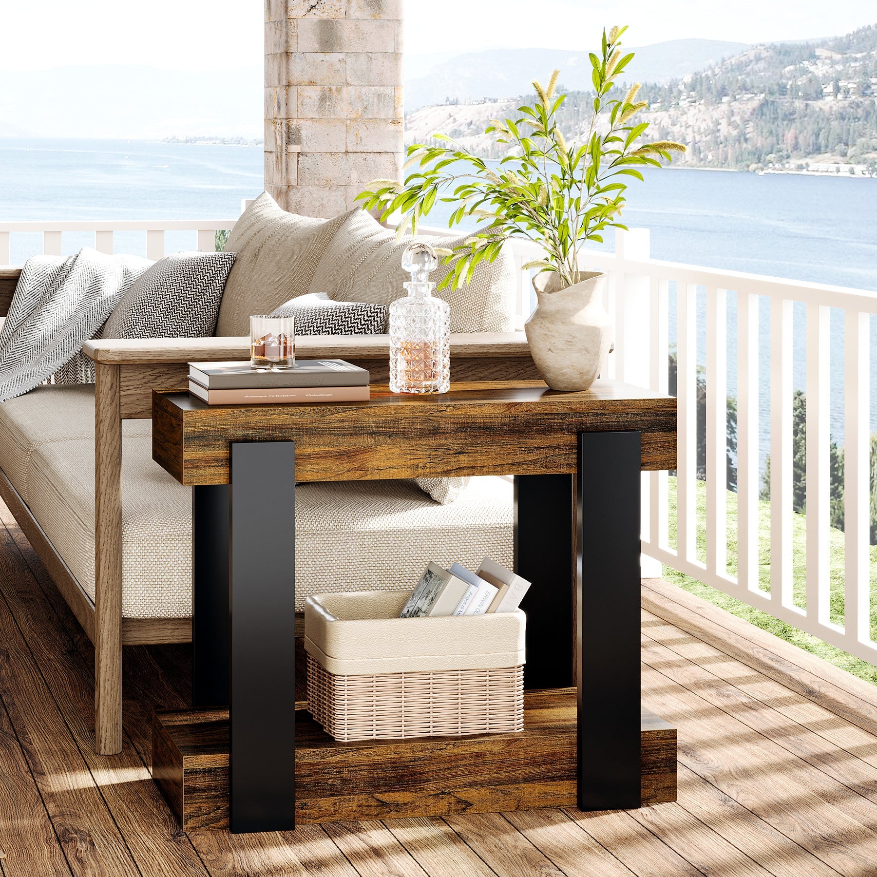2 Tier End Table - Rustic Wood Farmhouse Side Table for Living Room, Bedroom & Office - Sturdy Nightstand with Storage Shelf for Home Decor