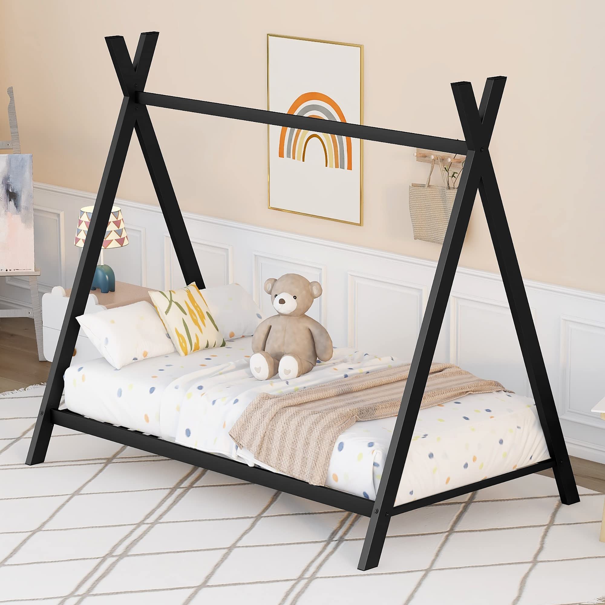 Montessori Twin House Bed for Kids - Metal Floor Playhouse Bed Frame with Slats for Boys & Girls, No Box Spring Needed (Black) - Perfect for Bedroom Playtime, Sleepovers & Imaginative Play