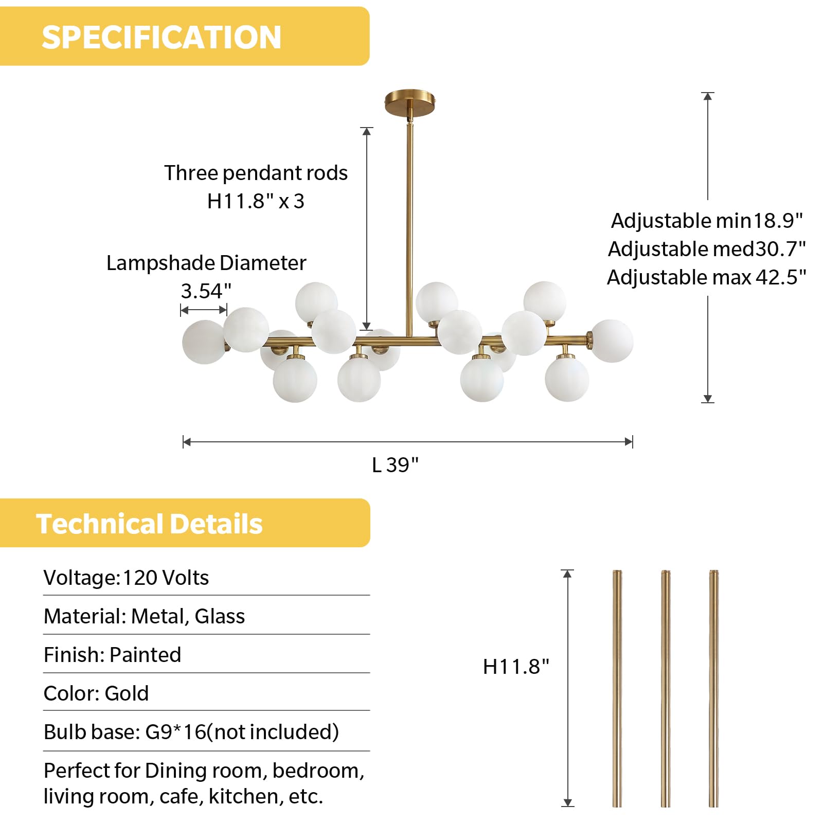Mid Century Modern Gold Dining Room Chandelier - 16-Light Linear Pendant Lighting with White Glass Globe Shades for Kitchen Island, Dining Table & Living Room | Elegant Vintage Ceiling Light Fixture