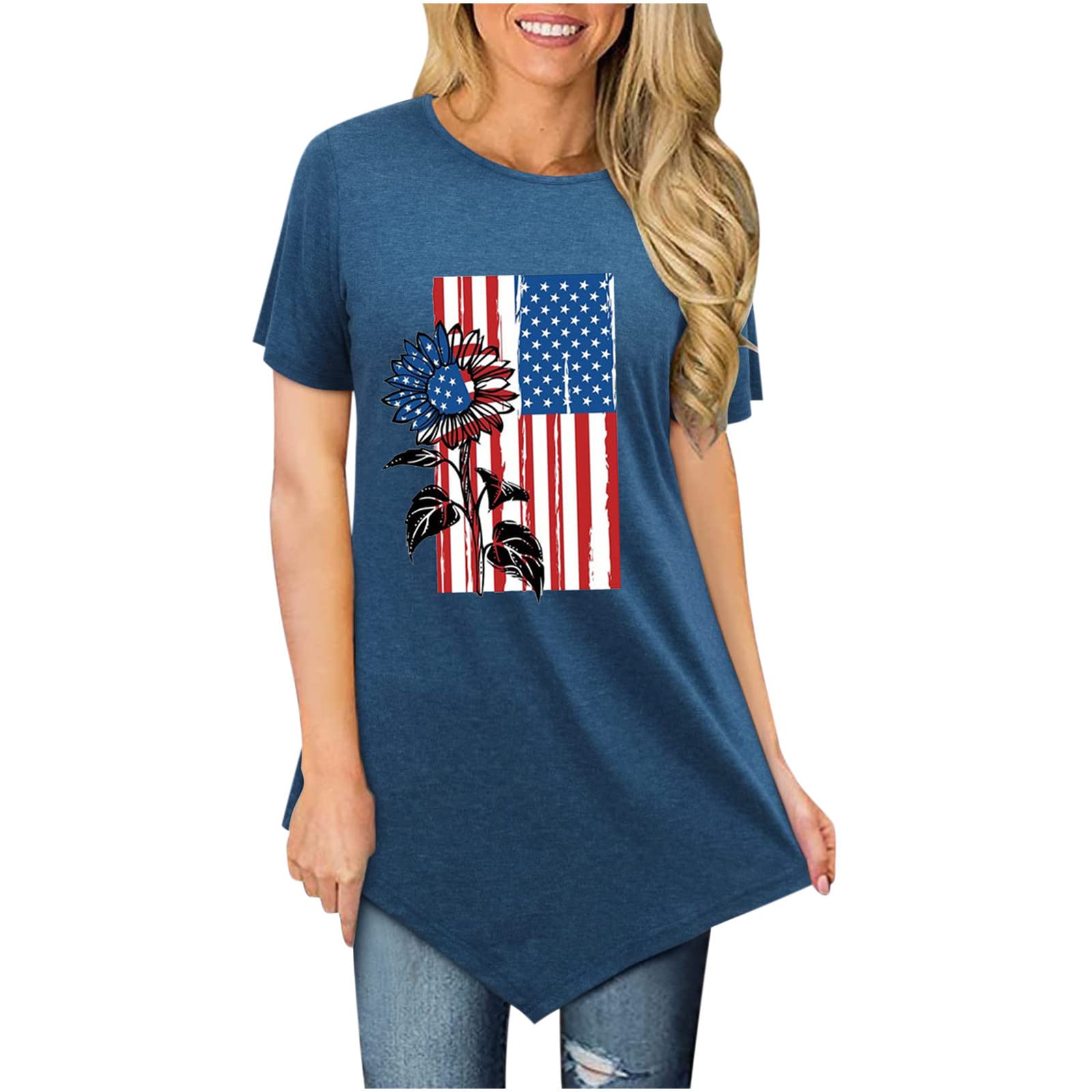 Women's American Flag Sunflower Graphic 4th of July T-Shirt - Casual Crewneck Blouse for Summer, Plus Size Tops - Perfect for Independence Day Celebrations, Patriotic Outfits & Summer Fashion