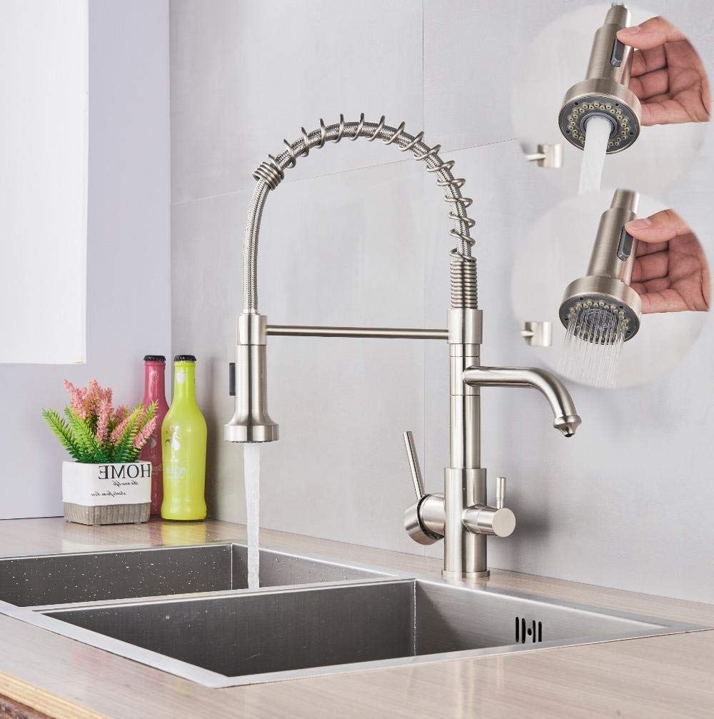 360° Rotating Brass Kitchen Faucet with Pull Down Sprayer - Double Handle Hot & Cold Water Mixer Tap for Sink - Perfect for Modern Kitchens, Bar Sinks, and RV Use