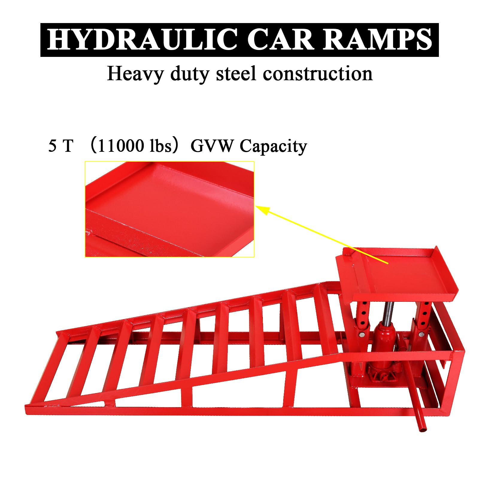 2 Pack Heavy Duty Hydraulic Car Ramps - 5 Ton (11,000 lbs) Capacity, Low Profile Vehicle Lift Ramps for Trucks, Trailers & Garage Repairs - 9.8
