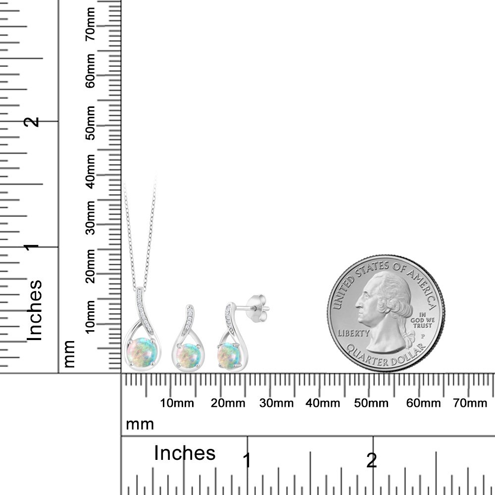 925 Sterling Silver Round Cabochon White Simulated Opal & Diamond Pendant & Earrings Set for Women (1.89 CTTW, 18