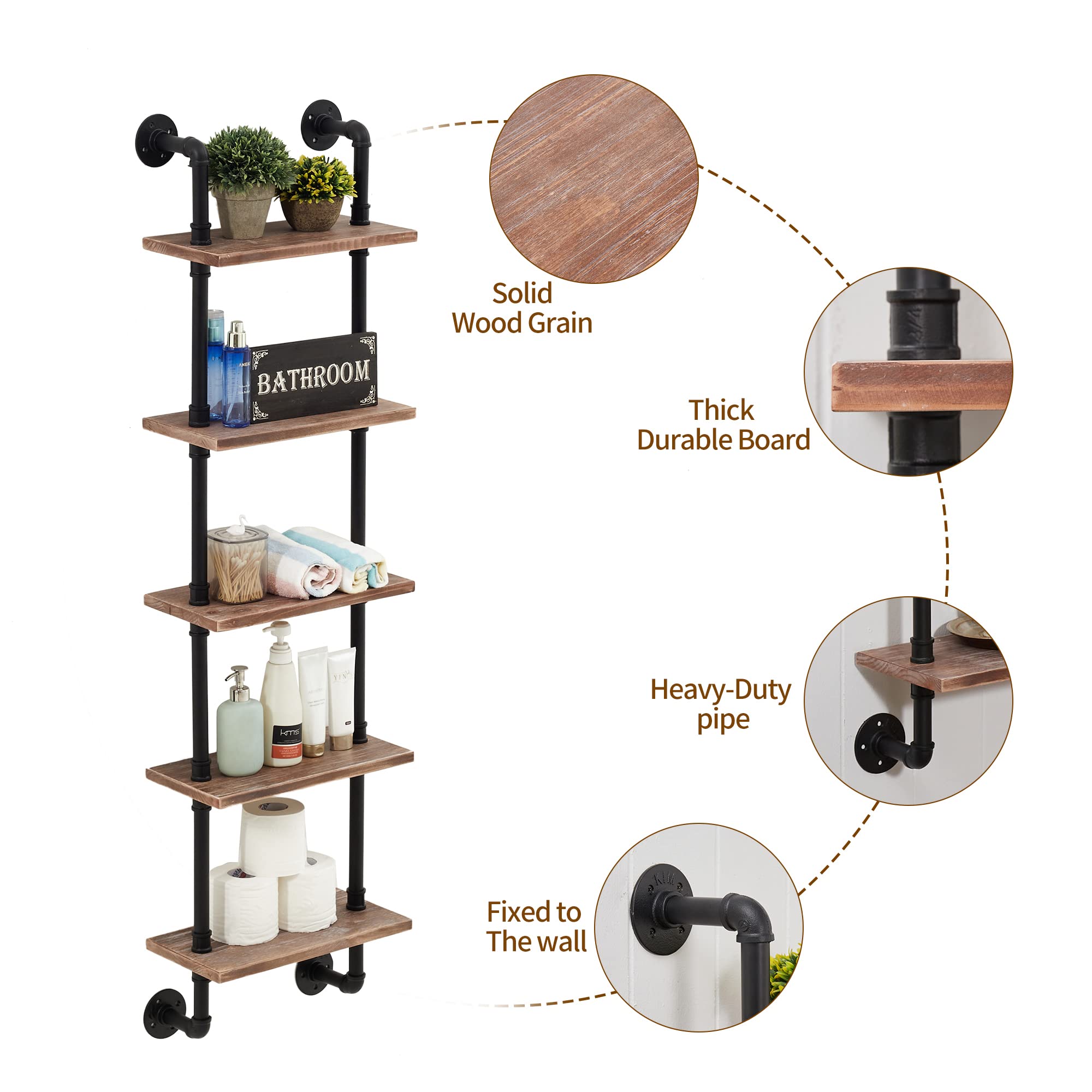 ROGMARS 15 Inch 5-Tier Industrial Pipe Shelves - Rustic Wood Ladder Bookshelf, Wall Mounted Floating Shelf for Living Room Decor & Storage | Perfect for Home Office, Bedroom, and Displaying Plants, Books, Photos