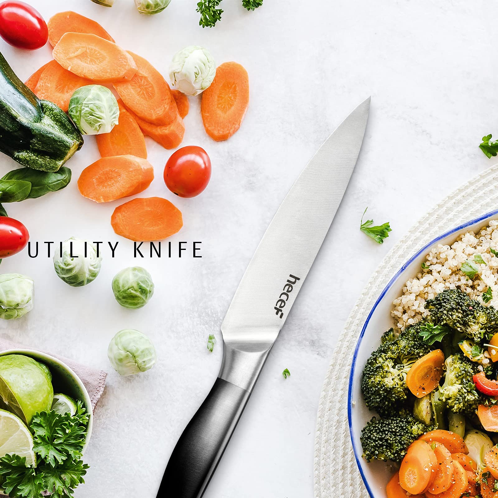 Premium 5-Piece Gradient Black Kitchen Knife Set - Satin Finish Blades, Hollow Handle, Protective Sheaths - Chef, Santoku, Bread, Utility & Paring Knives - Perfect for Home Cooking, Professional Chefs & Gift Giving