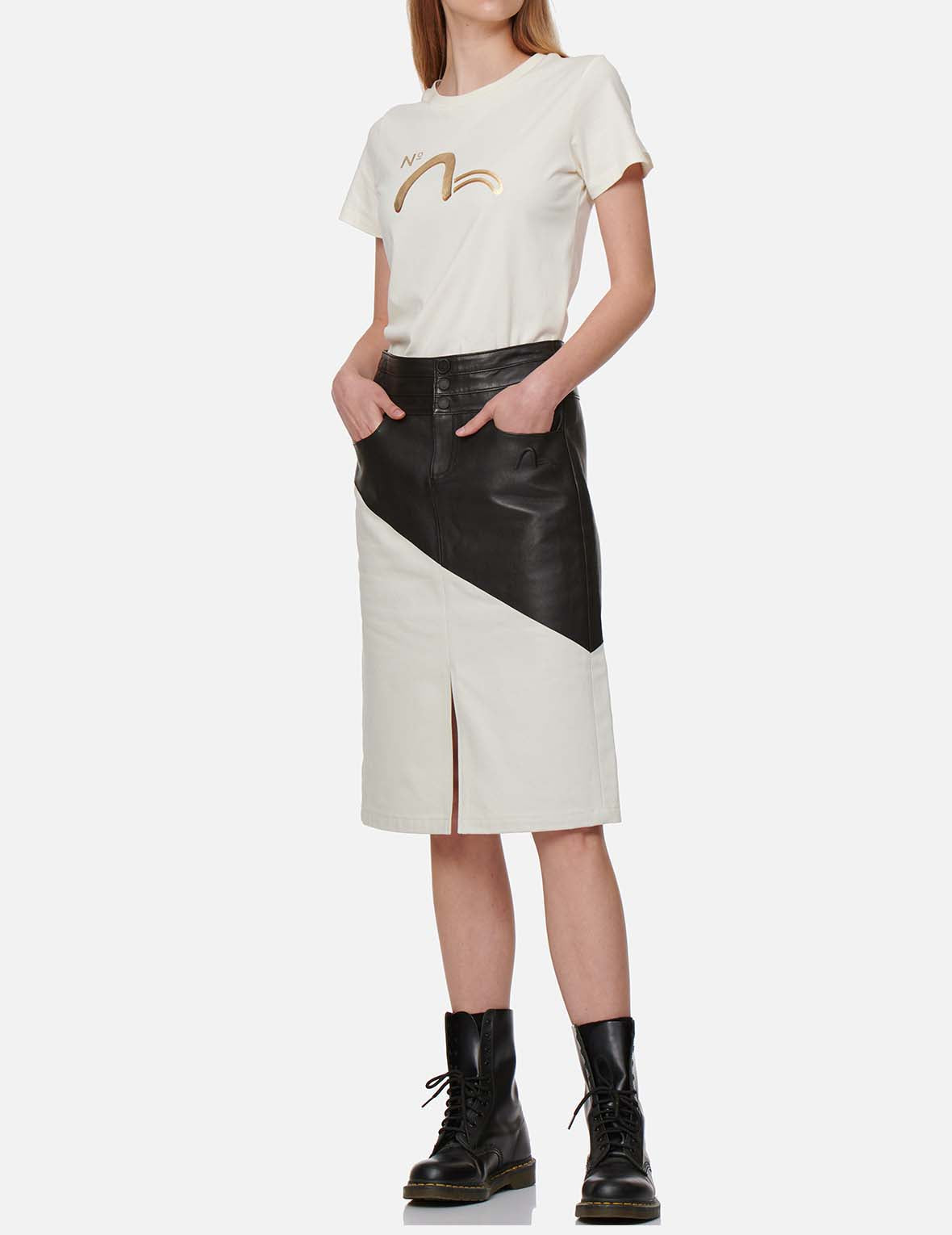 Stylish Contrast Leather & Denim Skirt for Women - High Waist A-Line Mini Skirt - Fashionable Outfit for Casual Wear, Night Out & Street Style