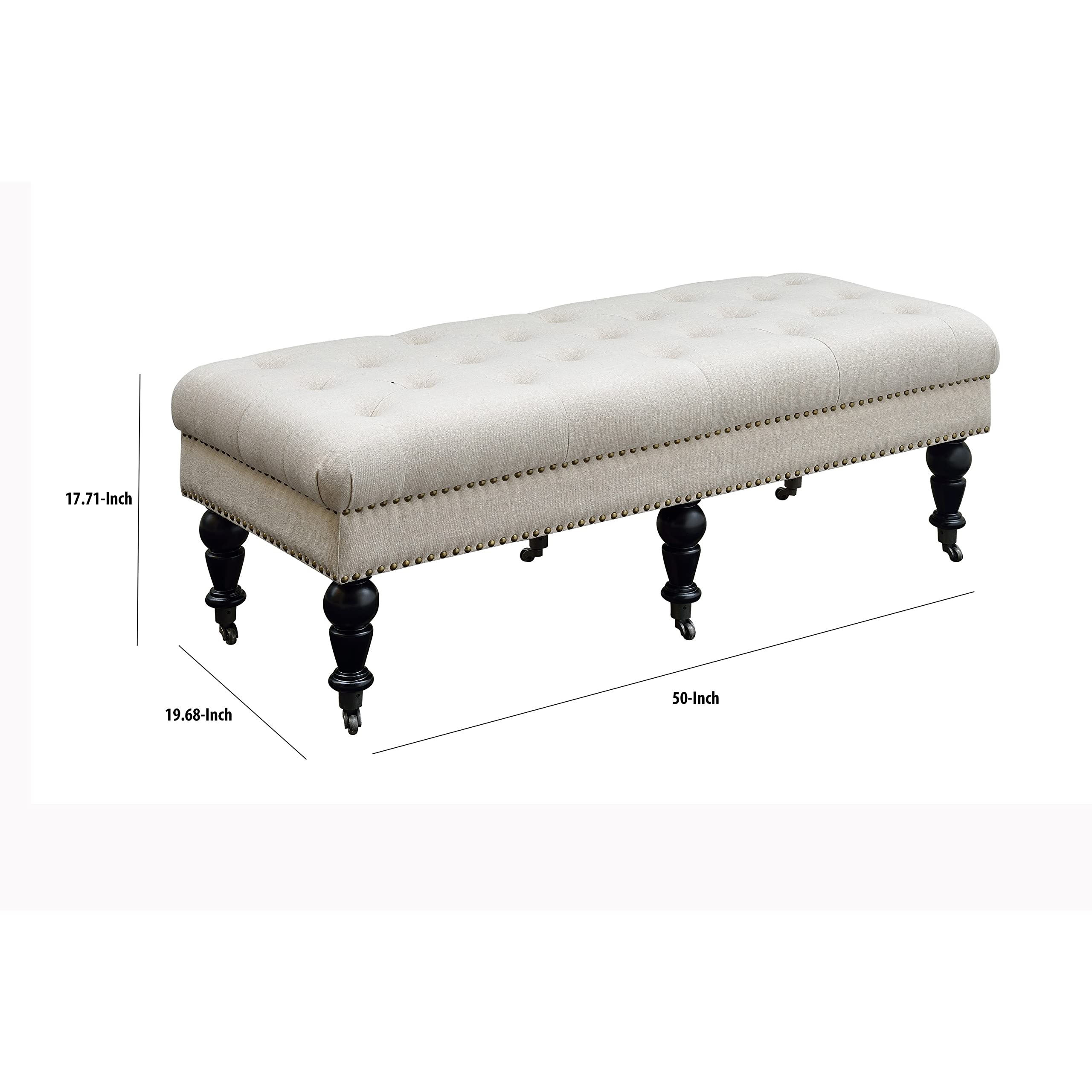 Benjara Button Tufted Bench with Caster Wheels - Upholstered Storage Ottoman in Black & Beige | Perfect for Living Room, Bedroom, or Entryway Seating