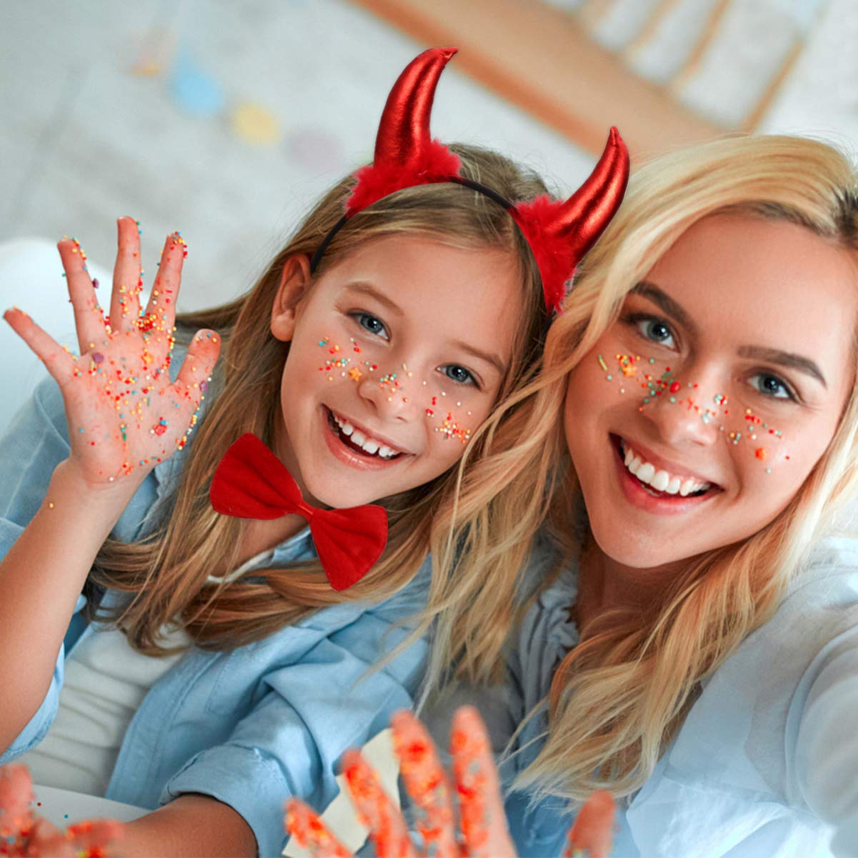 FRCOLOR 2 Pairs Halloween Devil Costume Accessories Set - Red Horn Headband, Bow Tie & Bendable Tail for Adults & Kids | Perfect for Halloween Parties, Cosplay & Themed Events