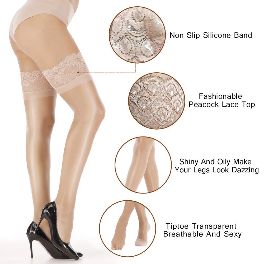 ARRUSA Shiny Nylon Thigh High Stockings for Women - Ultra Shimmery Lace Top with Silicone Band Stay-Up Tights | Perfect for Party, Cosplay & Evening Wear