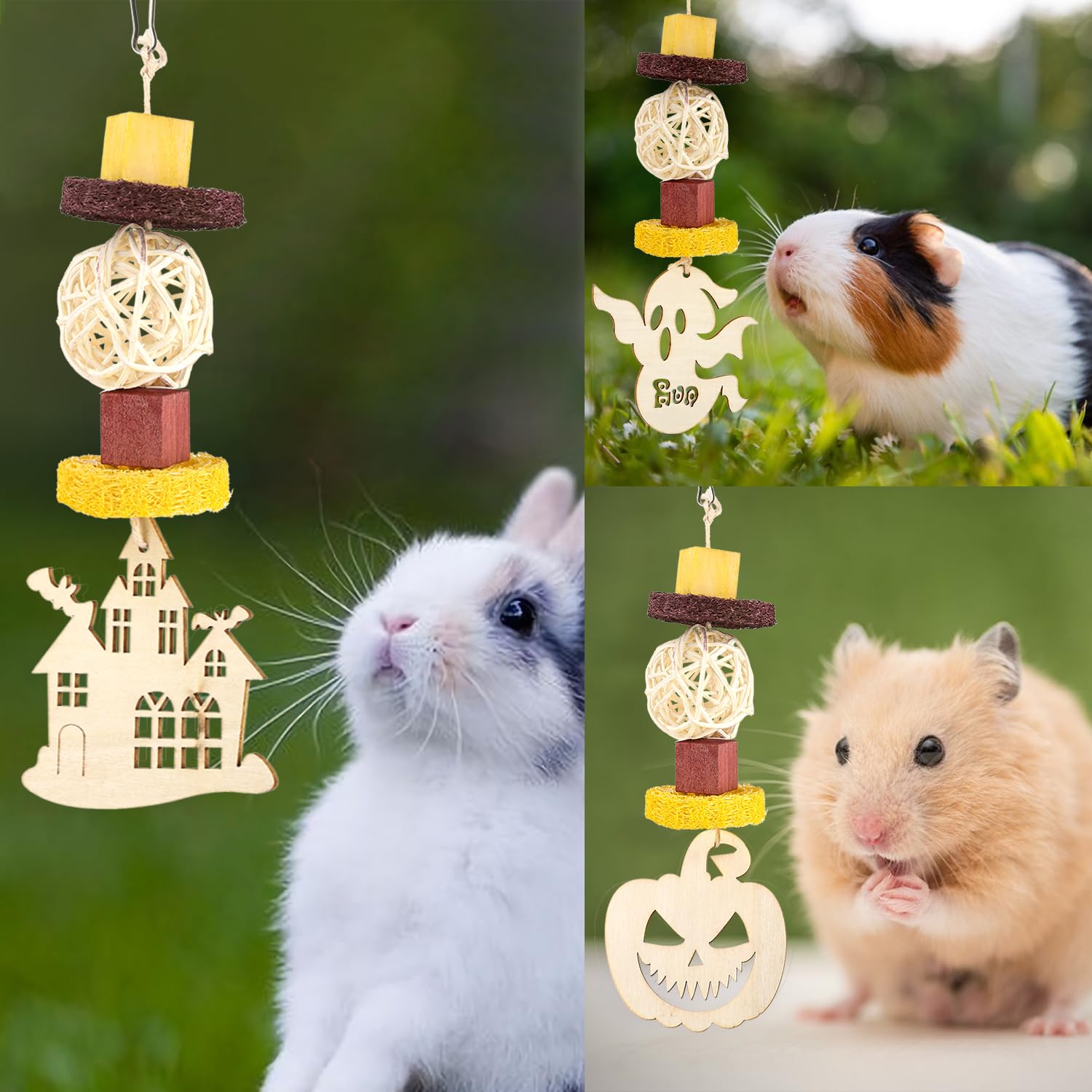 Halloween Guinea Pig Chew Toys - 3 Pack Wooden Rabbit Hamster Treats for Chinchillas, Rats & Small Pets - Hanging Cage Accessories for Teeth Care & Enrichment - Perfect Halloween Decor & Gifts for Bunny, Rodent Owners