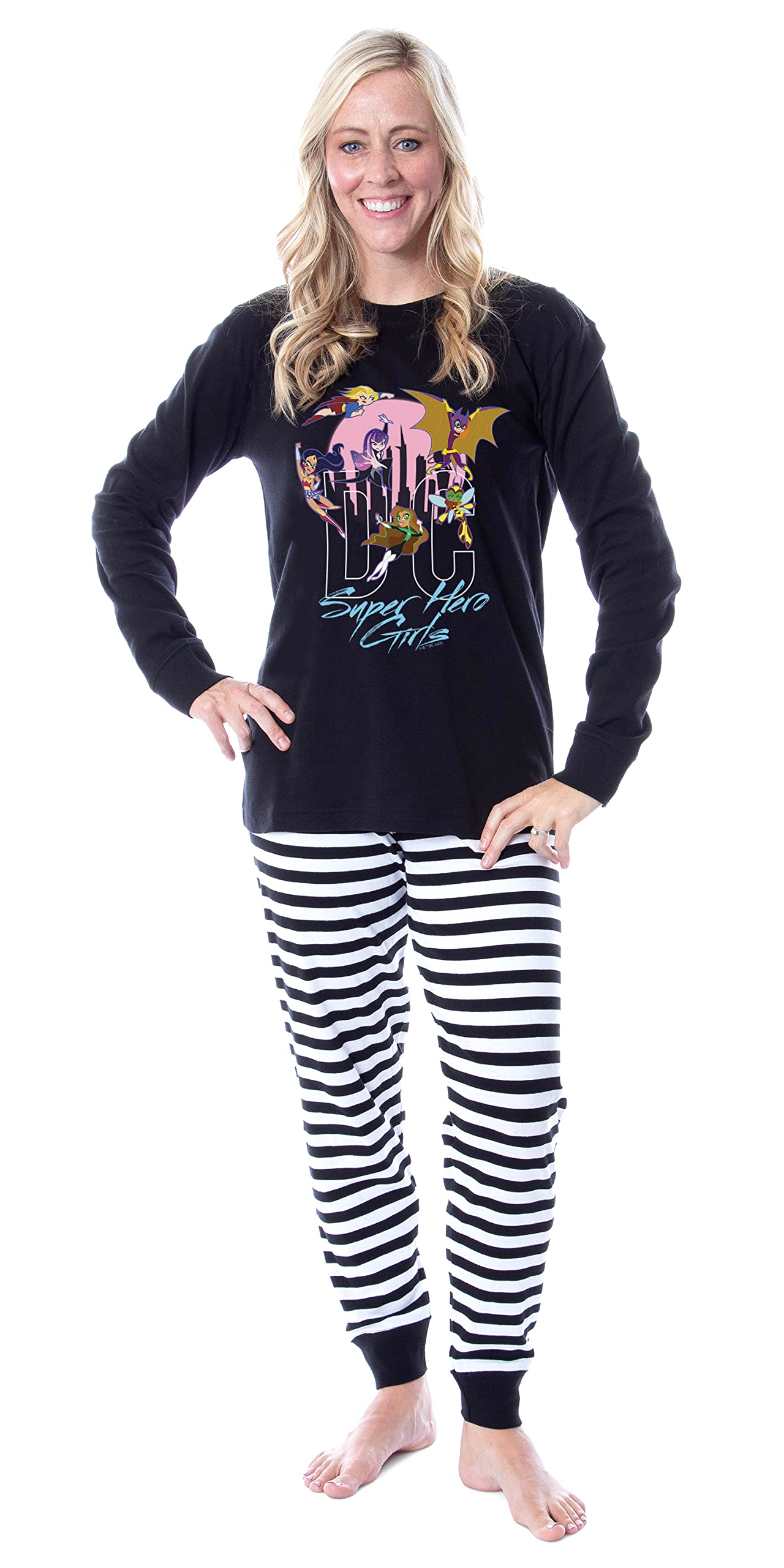 DC Super Hero Girls Girl Power Cityscape Matching Family Pajama Set - Superhero Themed Sleepwear for Women & Kids - Perfect for Family Movie Nights & Costume Parties