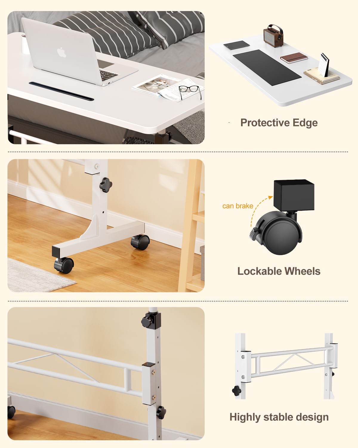 Adjustable Height Small Standing Desk with Wheels - 32 Inch Portable Mobile Rolling Desk for Home Office, Walking Pad Treadmill (White) | Perfect for Work from Home, Study & Fitness Workstation