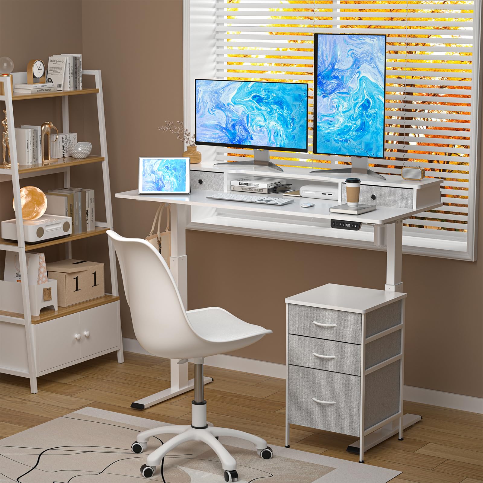 55 Inch Electric Height Adjustable Standing Desk with Cabinet & Drawers - Smart Home Office Computer Desk with Monitor Shelf, White - Perfect for Remote Work, Gaming & Ergonomic Workspace Setup
