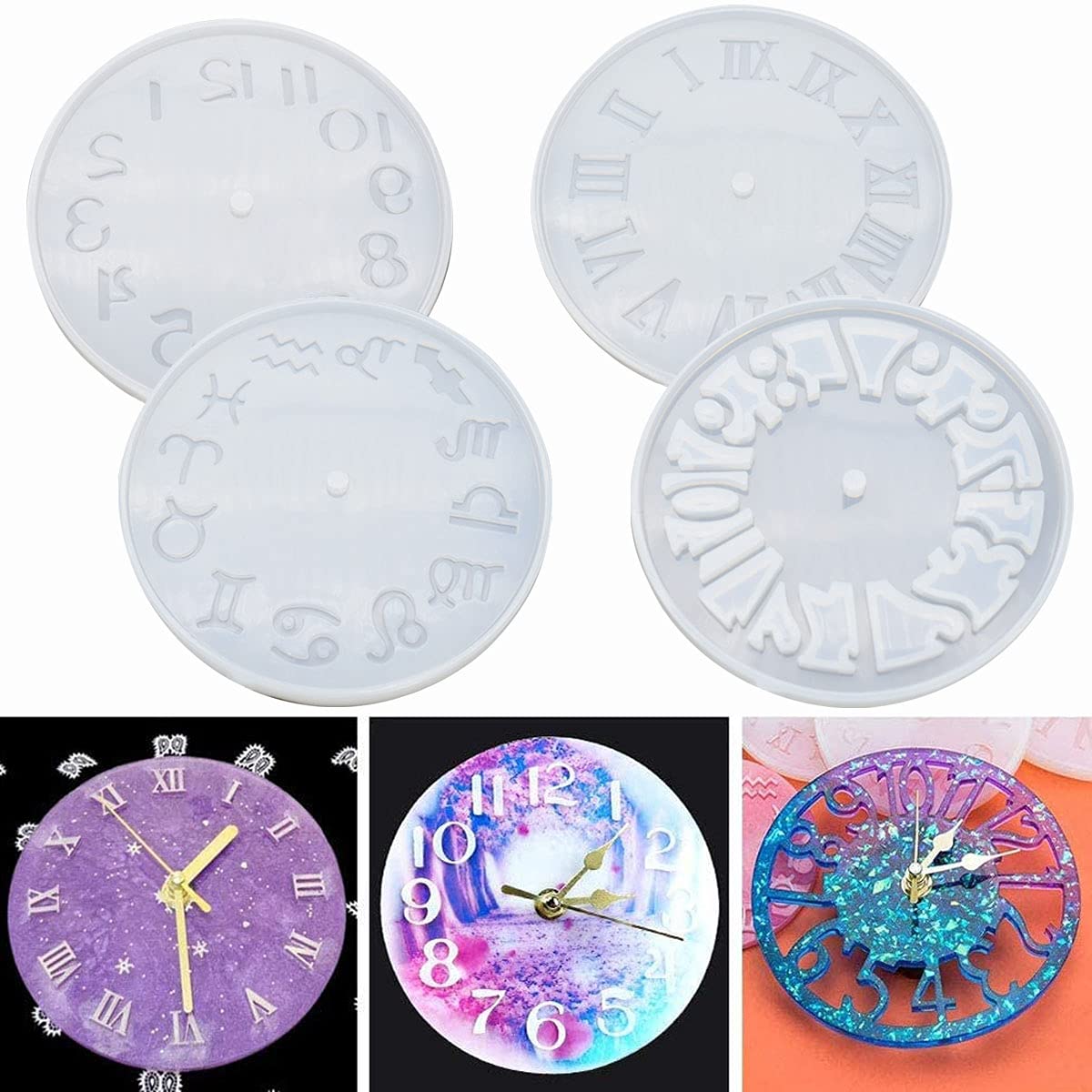 Epoxy Resin Clock Silicone Mold Set - 4 Pcs (Arabic, Roman, Hollow, Constellations) for DIY Jewelry Making, Resin Casting & Handmade Crafts - Perfect for Home Decor, Gift Making & Creative Projects