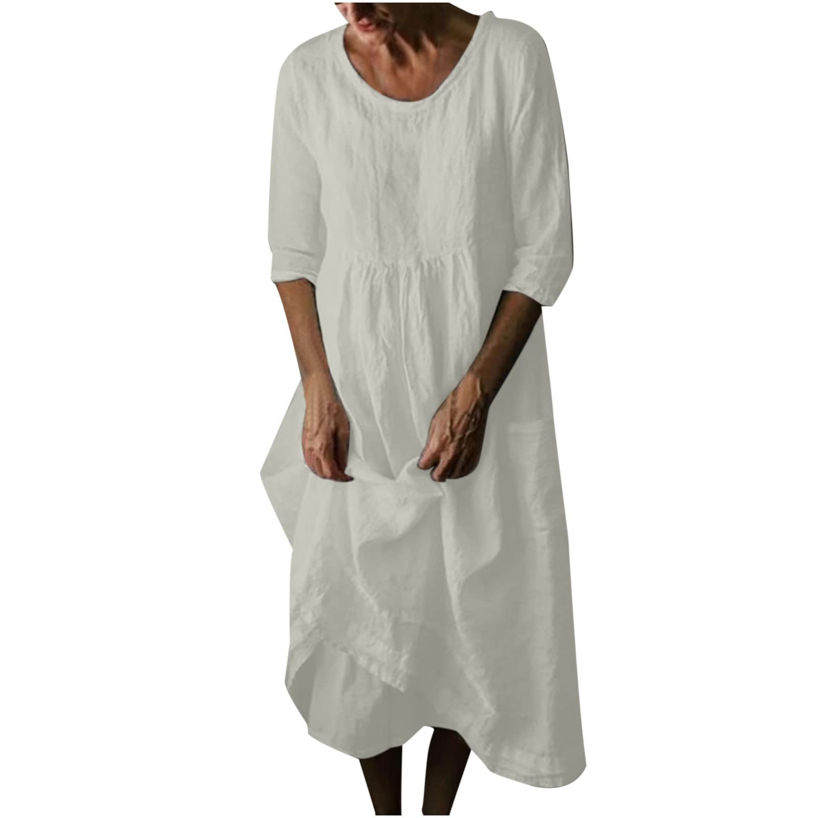 Jsarle Women's Summer Casual Linen Dress - Round Neck, Half Sleeve, Pocket, Loose Fit Wedding Guest Dress | Perfect for Outdoor Events, Beach Vacations & Brunch Dates