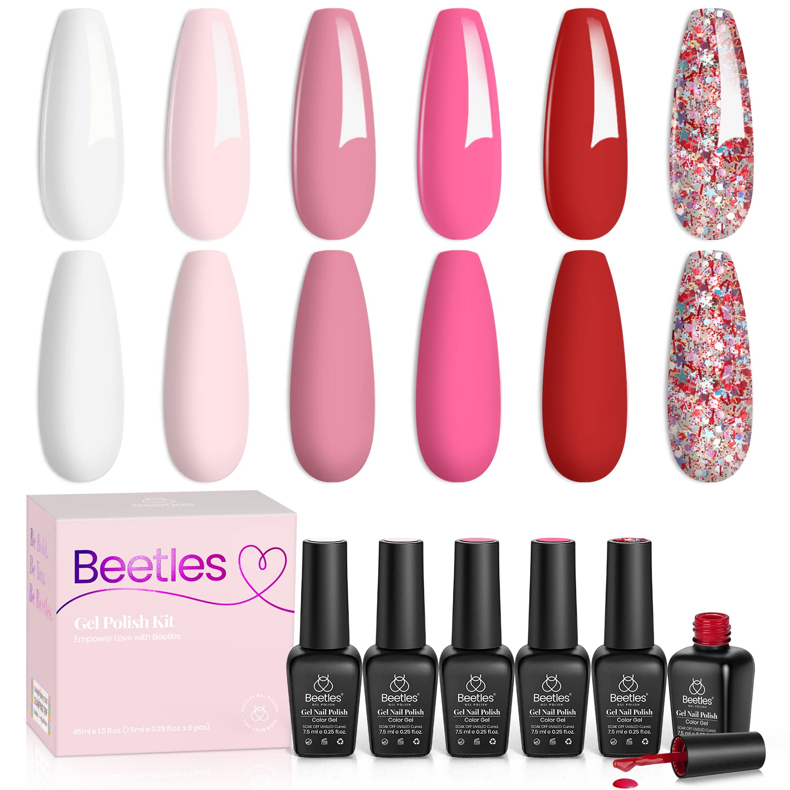Beetles 6 Colors Pink Gel Nail Polish Set - Soak Off UV LED Nail Kit with Red, Nude, Pink, White & Glitter Shades | Fall in Love Collection | Perfect for Home Manicures, Nail Salon Use & Gift for Women & Girls
