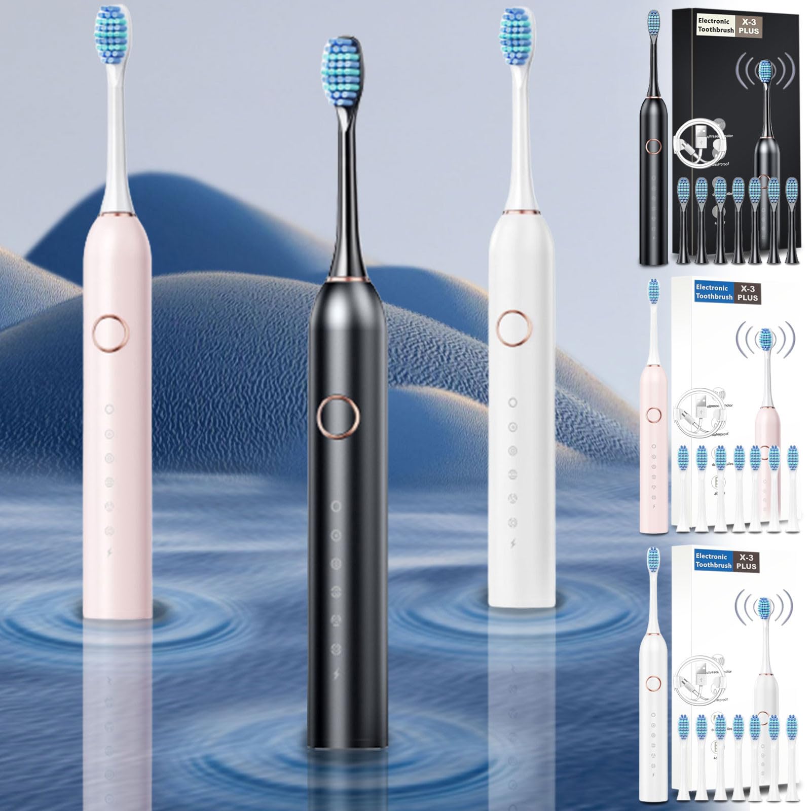 Rechargeable Electric Toothbrush for Adults & Kids - 8 Replacement Brush Heads, 6 Cleaning Modes, IPX7 Waterproof, Low Noise Battery Powered Toothbrush with 2-Year Usage - Perfect for Travel, Home & Daily Oral Care (Black)