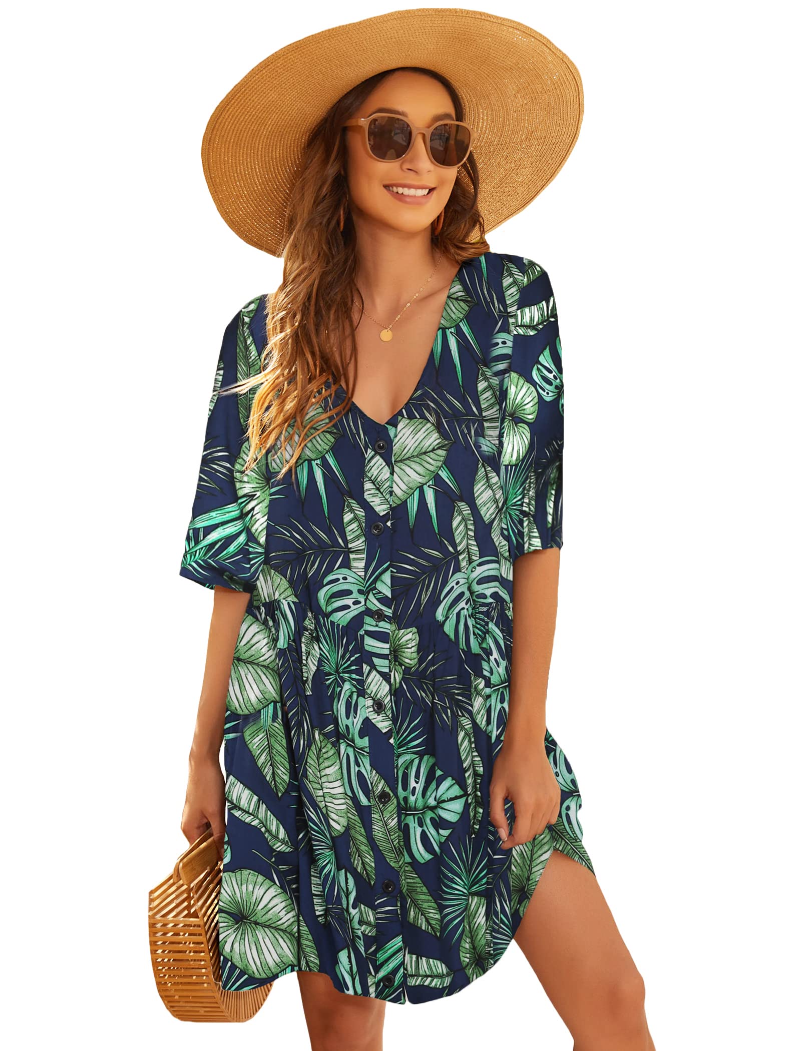 Avidlove Women's 3/4 Sleeve Swimsuit Cover Up with Pockets - Lightweight Beach Bikini Shirt & Bathing Suit Dress for Pool, Vacation & Summer Outfits