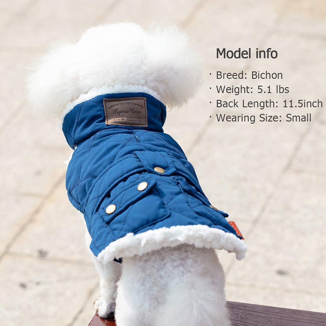 KYEESE Warm Windproof Padded Sherpa Dog Coat - Winter Jacket with Furry Collar for Small Dogs | Cozy Pet Apparel for Outdoor Walks & Cold Weather (Blue)