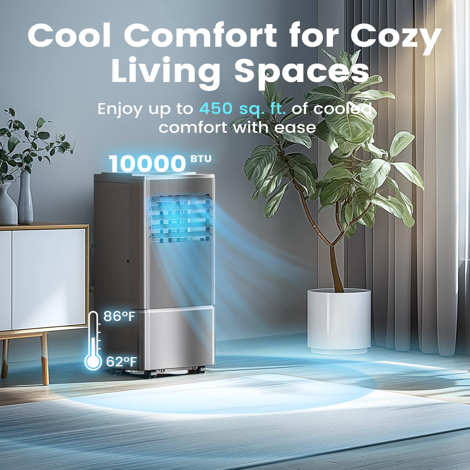 Air Choice 10000 BTU Portable Air Conditioner - Cools Rooms Up to 450 Sq.Ft | 3-in-1 AC Unit with Dehumidifier & Fan | 24H Timer & Remote Control | Includes Window Kit | Metallic Grey | Perfect for Bedrooms, Living Rooms & Home Offices