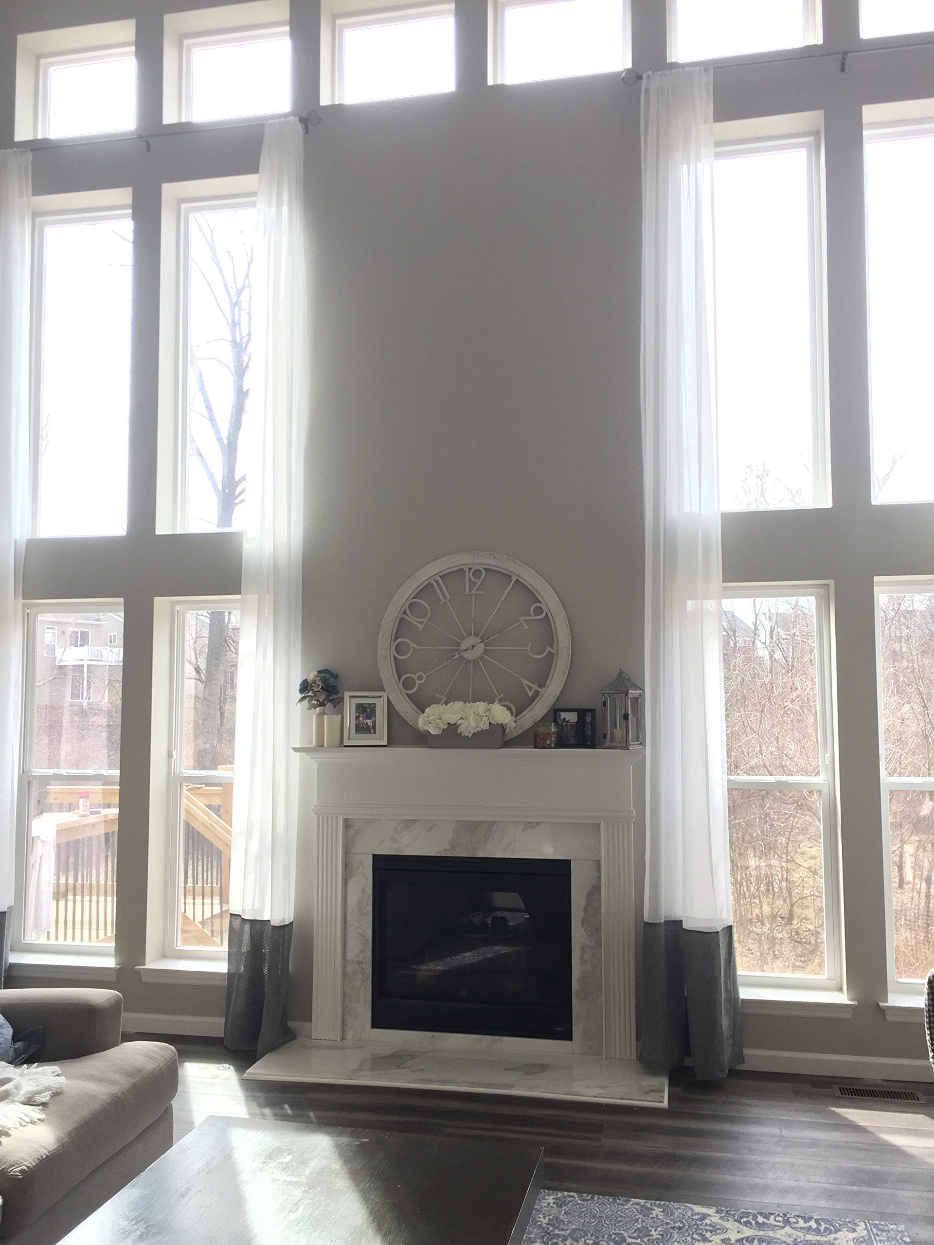 Ikiriska Set of 2 Sheer Voile Extra Long White Decorative Curtains with Gray Linen - Custom Made 8-24 ft Long Drapes for 2 Story Rooms - Free Swatches Included - Perfect for Living Room, Bedroom & Tall Windows (24 ft)